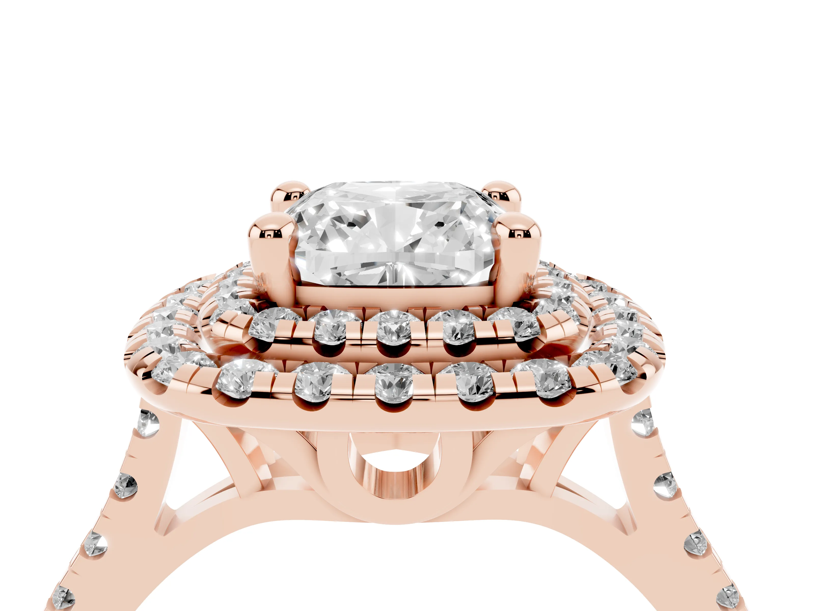 Cushion Cut Diamond Double Halo Statement Ring Set in Rose gold with Pavé Band