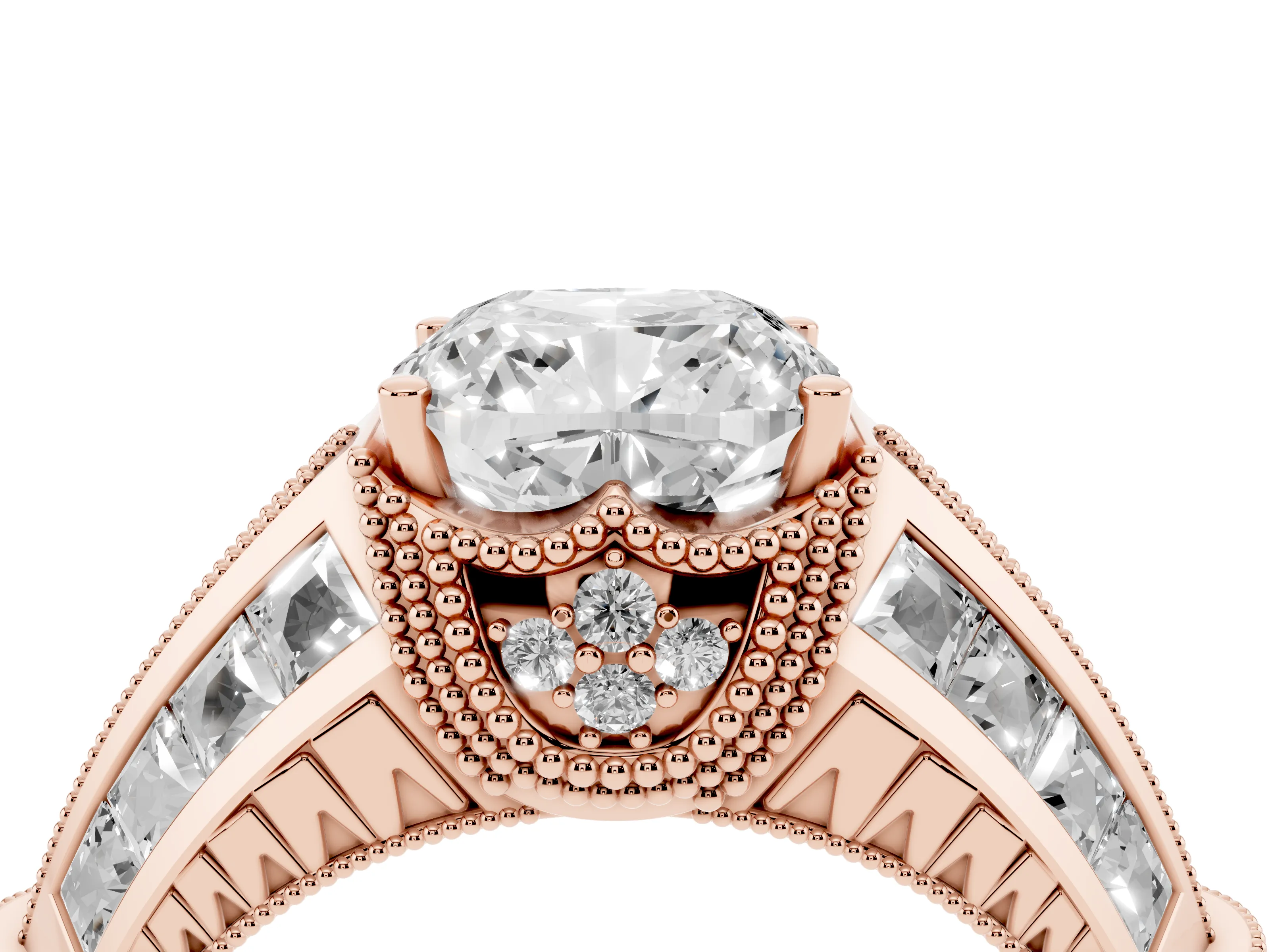 Cushion Cut Diamond Vintage-Inspired Milgrain Ring Set in Rose gold with Accent Split Shank