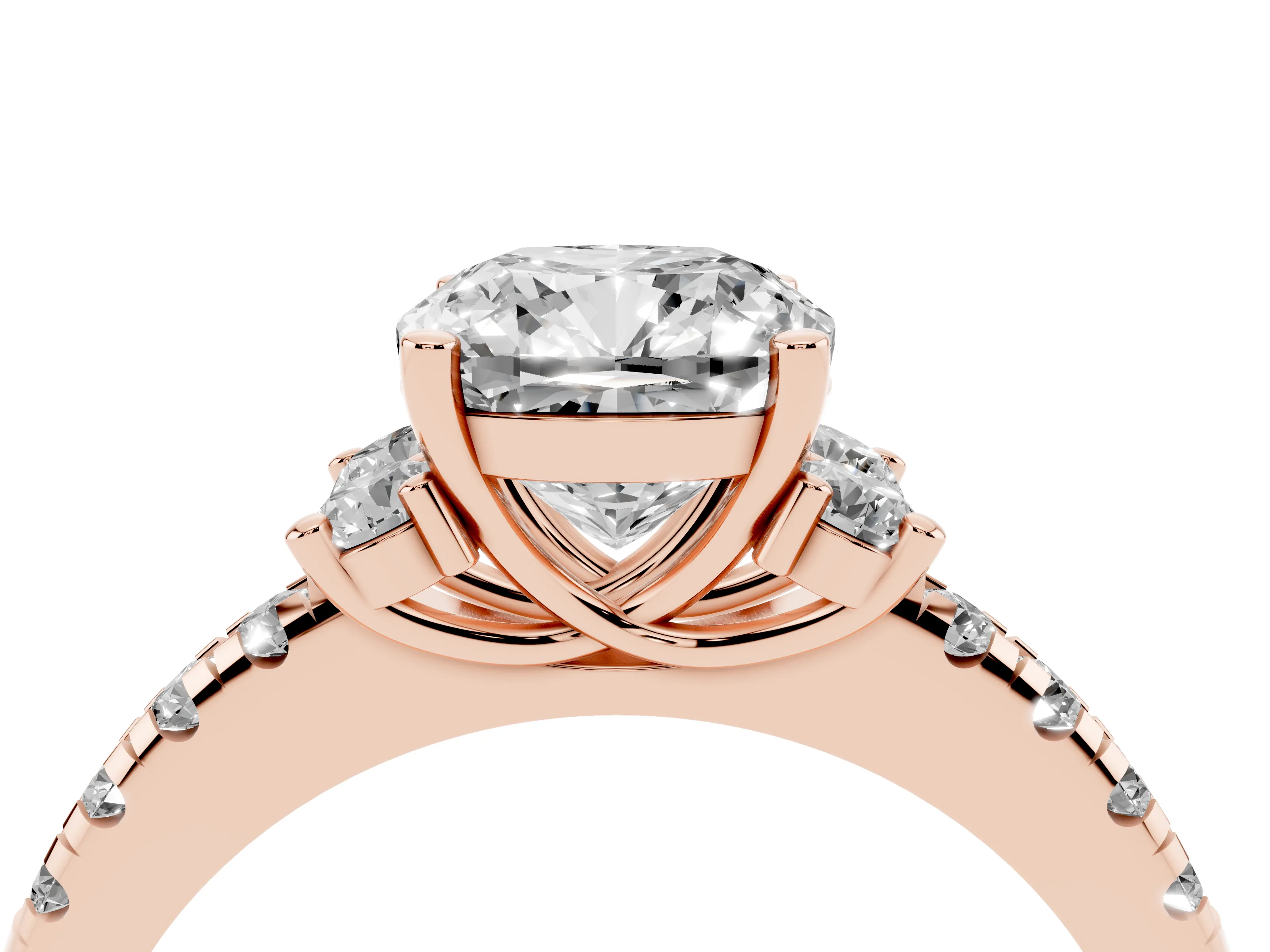 Cushion Cut Diamond Three-Stone Pavé Ring Set in Rose gold with Prong Setting
