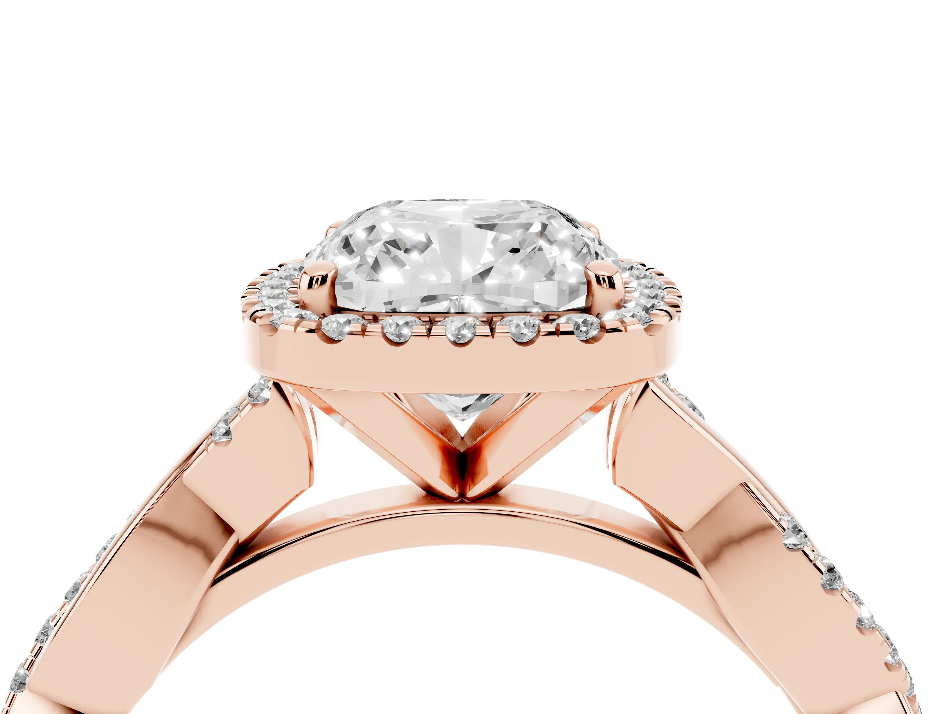 Cushion Cut Twisted Halo Engagement Ring Setting | Pavé and Plain Strands | Rose Gold