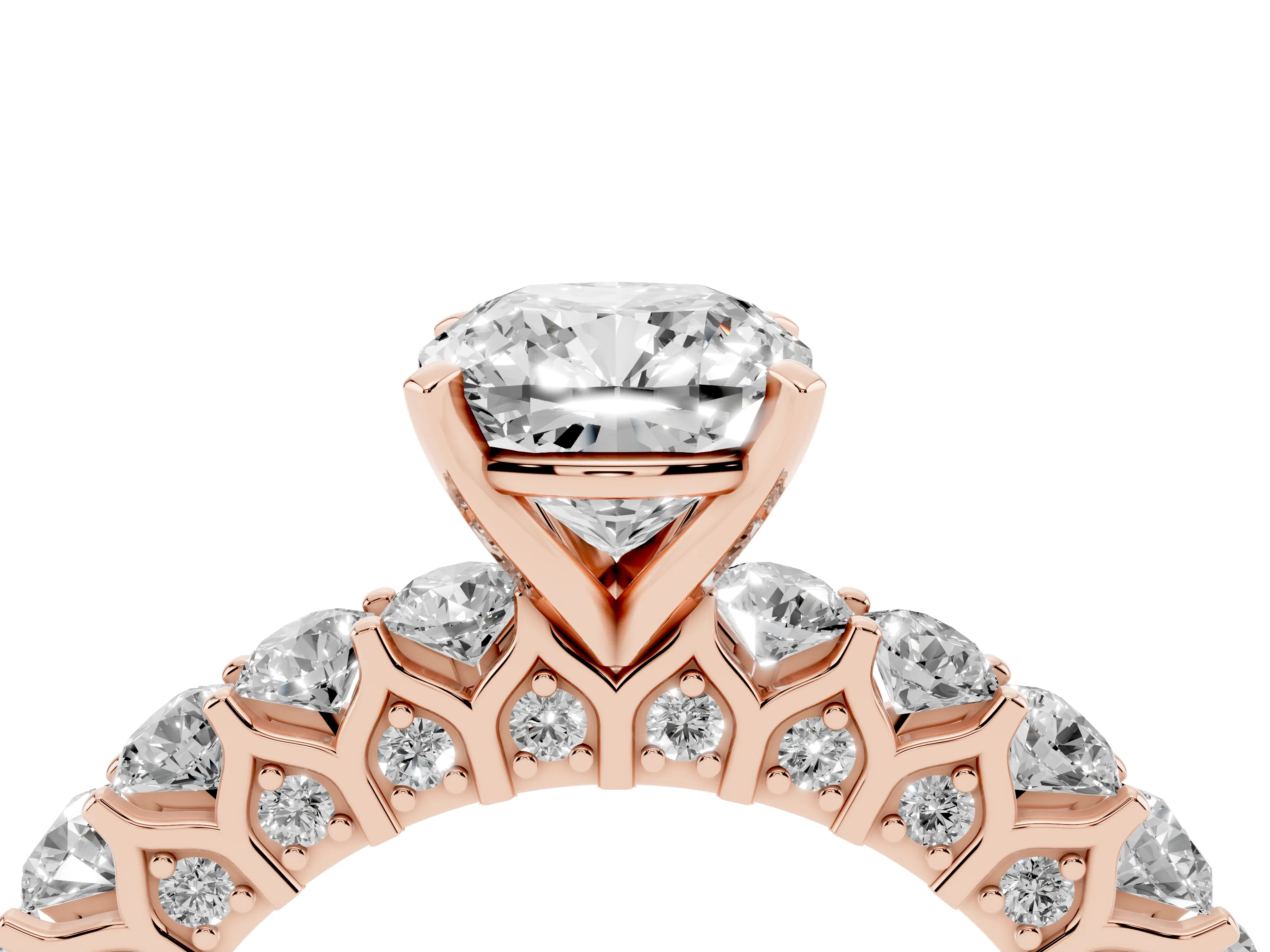 Cushion Cut Diamond Solitaire Ring Set in Rose gold with Shared Prong Pavé Band