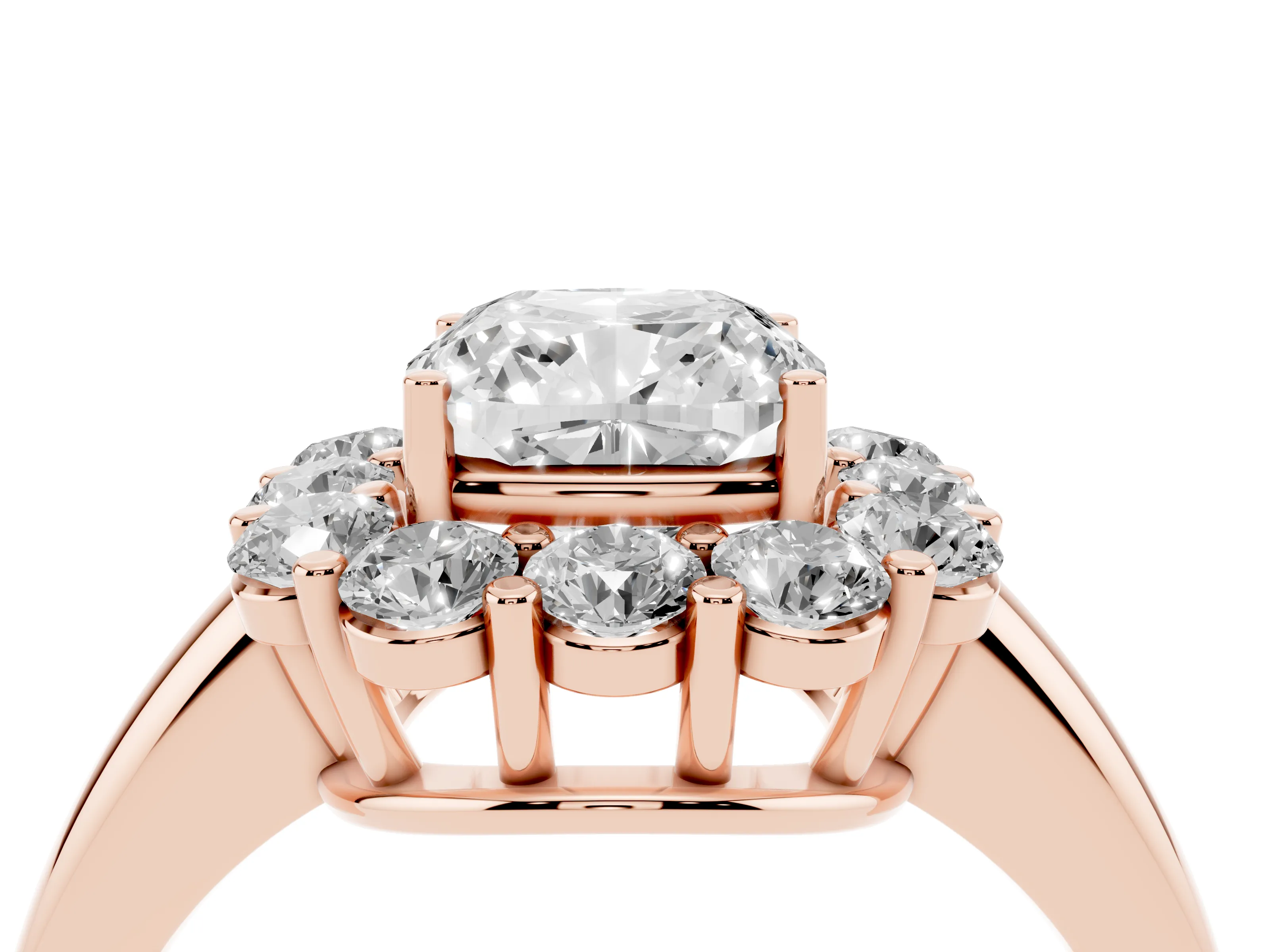 Cushion Cut Diamond Halo Cluster Engagement Ring Set in Rose gold with Polished Band and Prong Setting