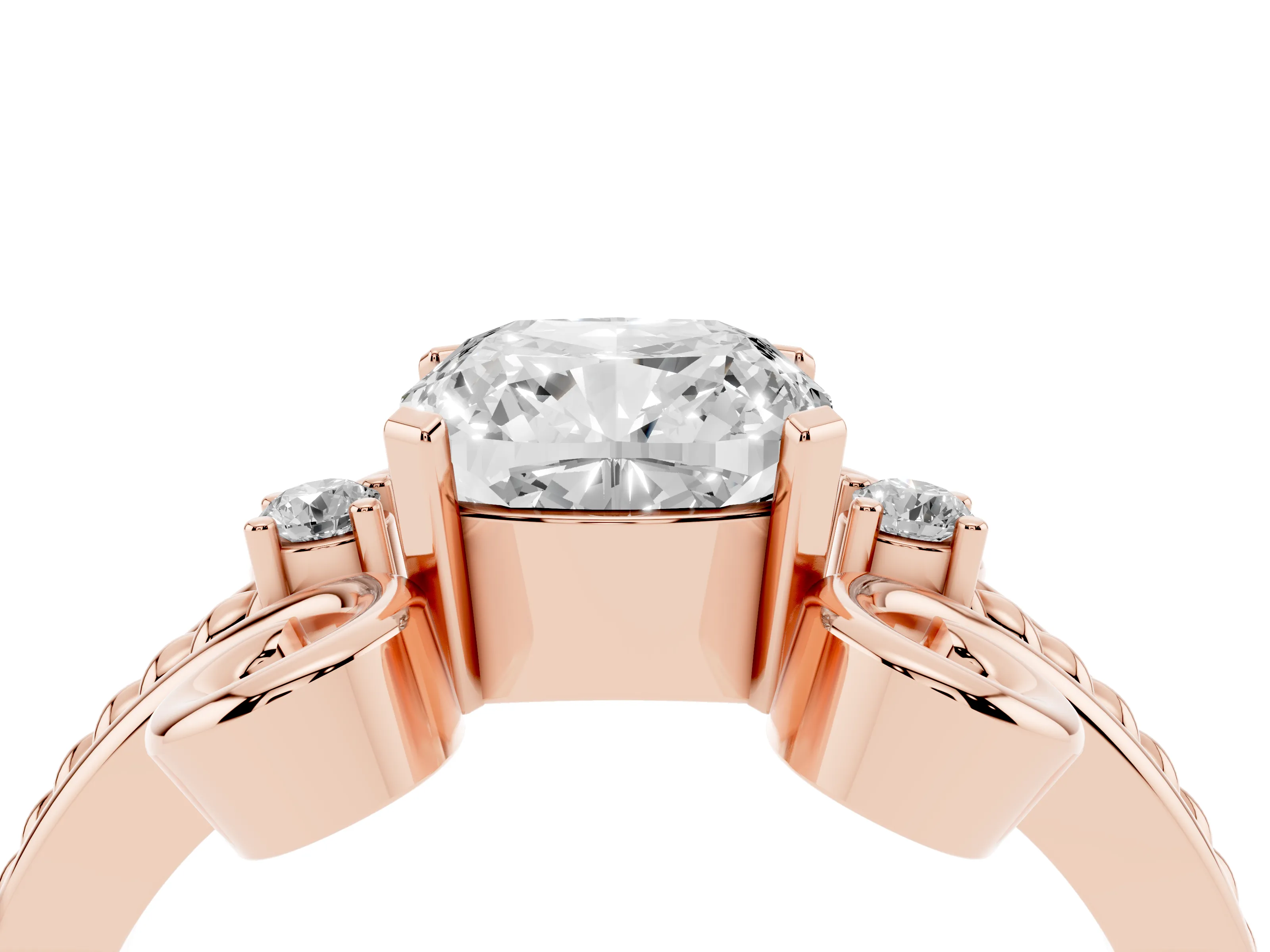 Cushion Cut Diamond Twisted Band Solitaire Ring Set in Rose gold with Scroll Prongs