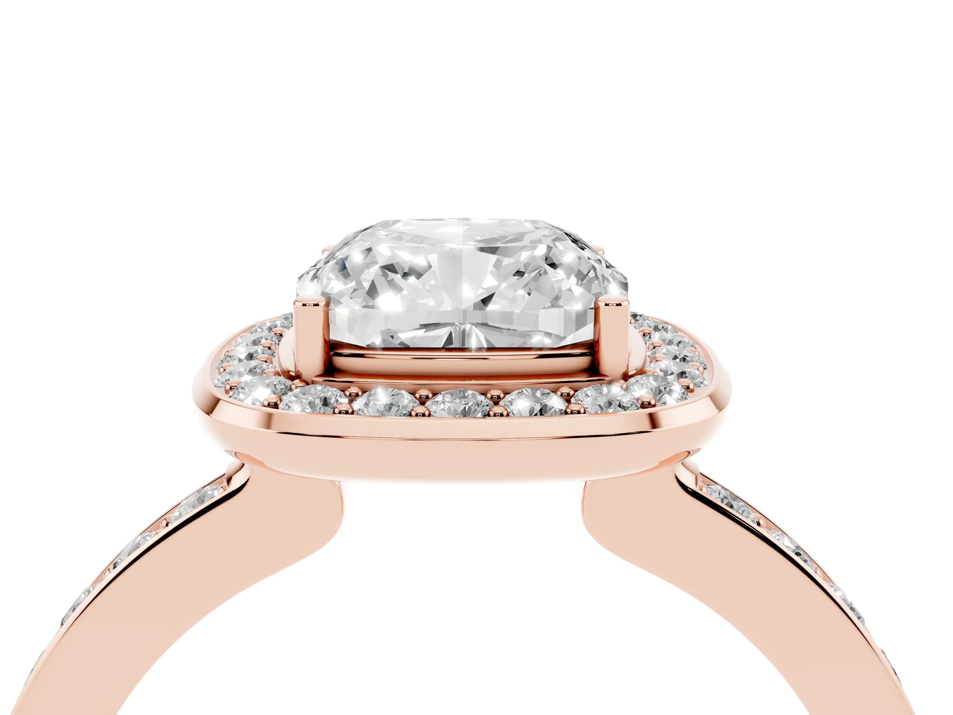 Cushion Cut Diamond Halo Ring Set in Rose gold with Bezel Frame and Pavé Band