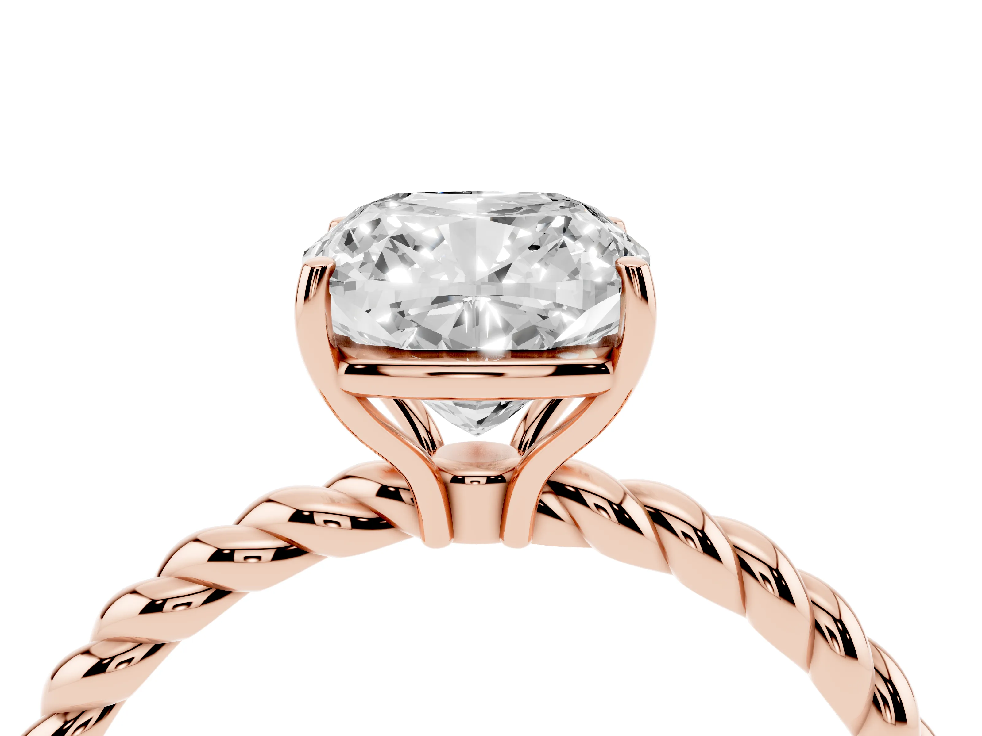 Cushion Cut Diamond Solitaire Ring Set in Rose gold with Twist Band and Prong Setting