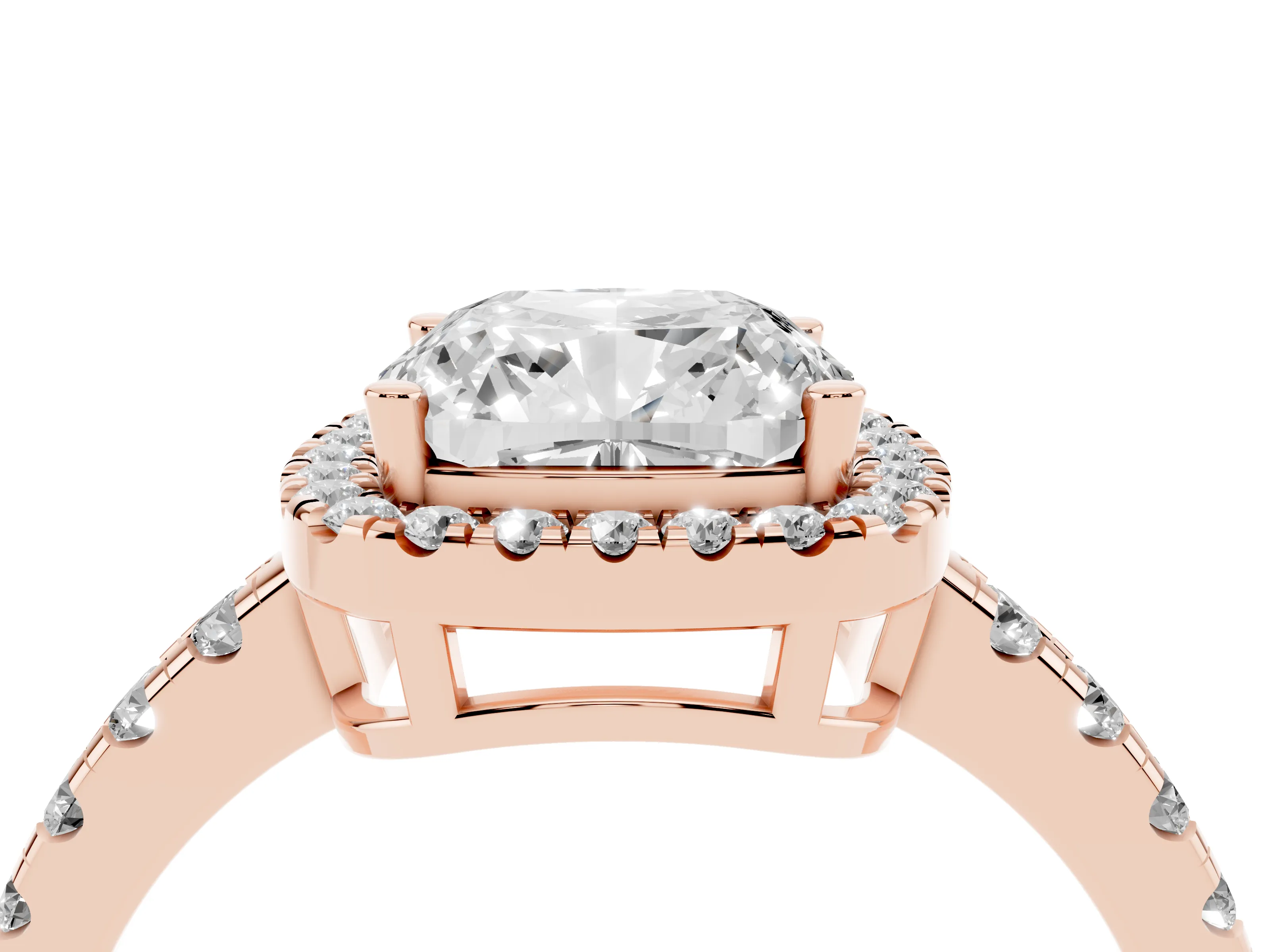 Cushion Cut Diamond Halo Ring Set in Rose gold with Delicate Pavé Band and Prong Setting