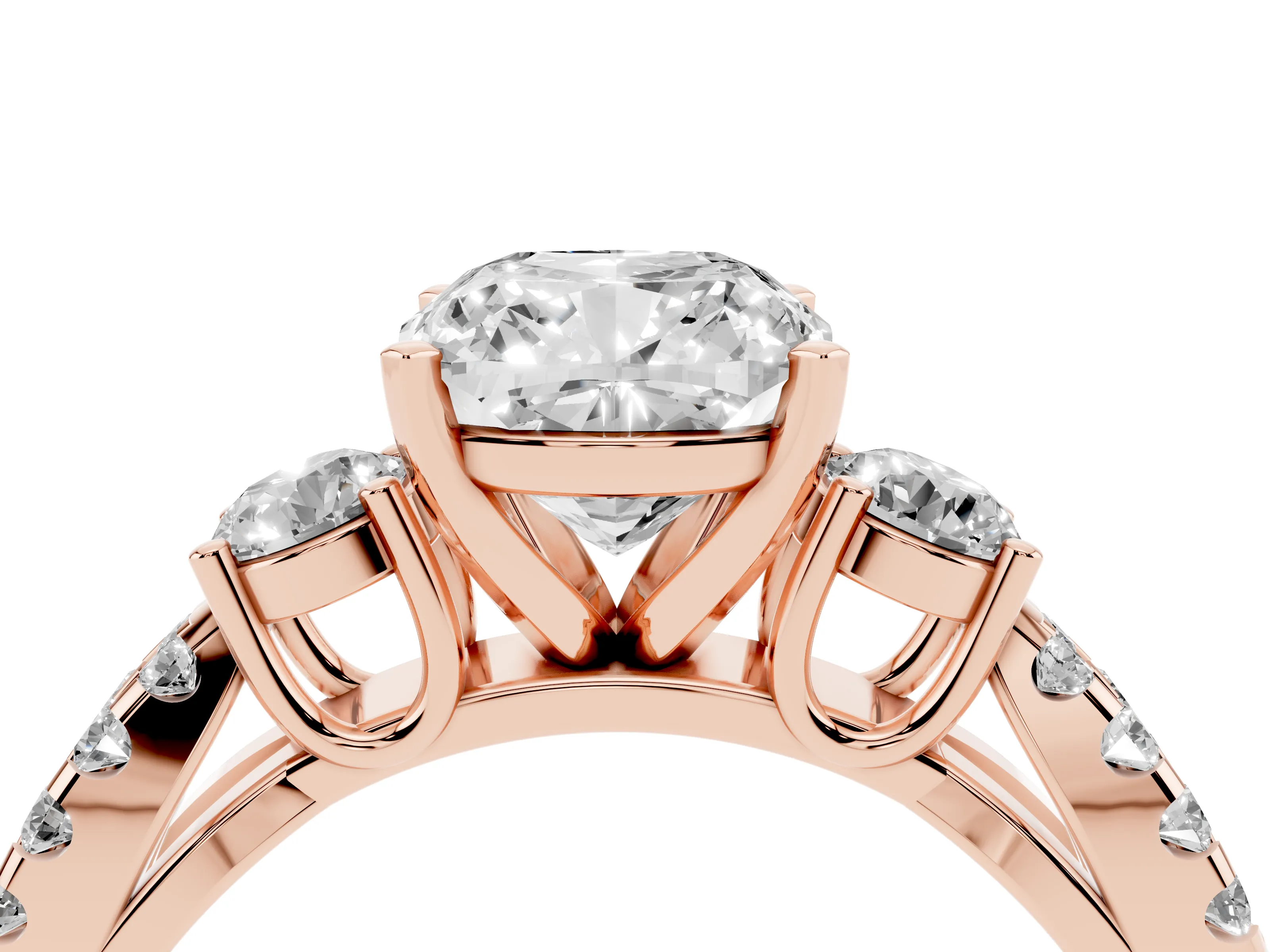 Cushion Cut Diamond Three-Stone Ring Set in Rose gold with Pavé Split Shank and Prong Setting
