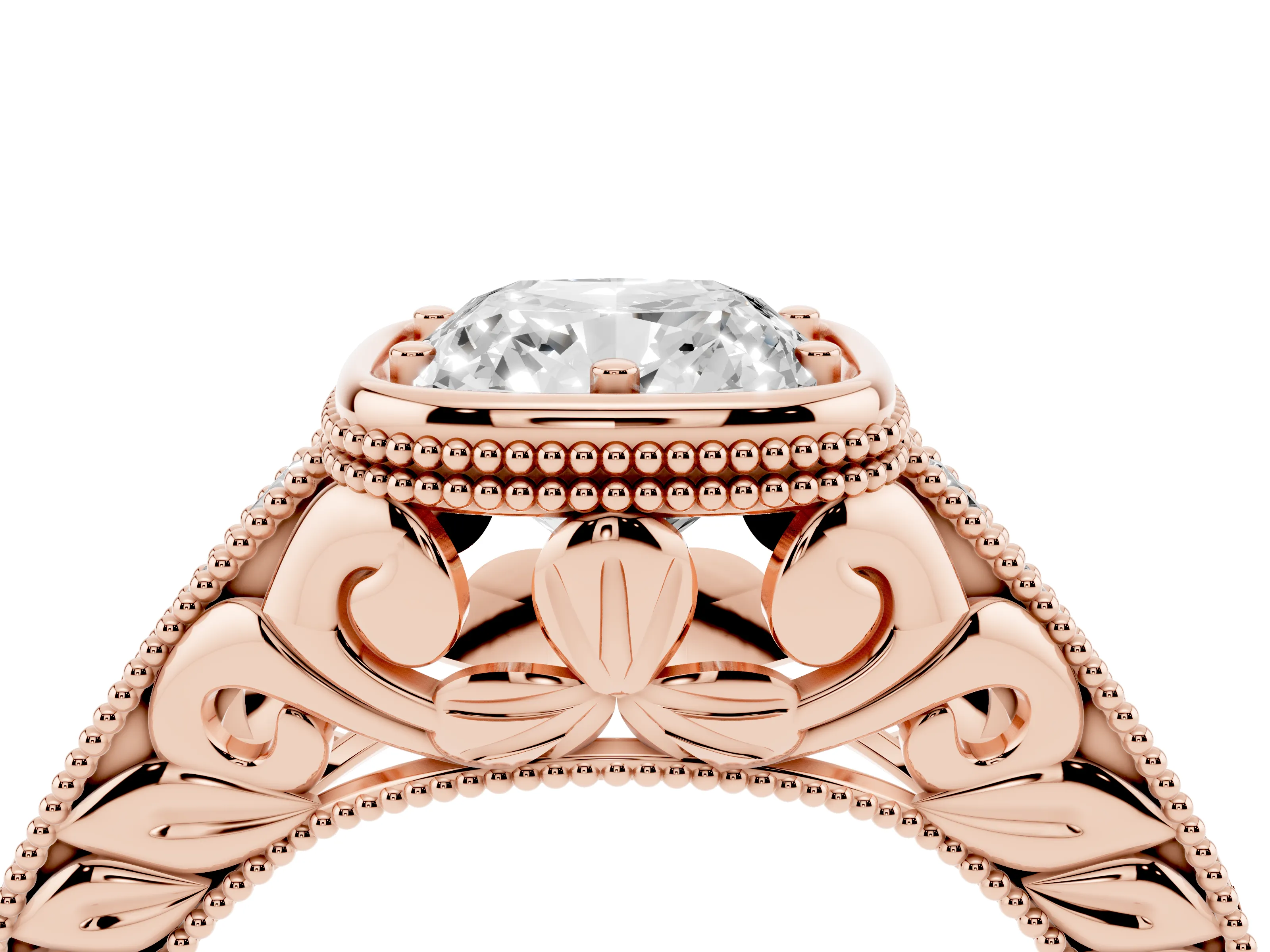 Bezel Set Cushion Cut Diamond Milgrain Pavé Engagement Ring Set in Rose gold