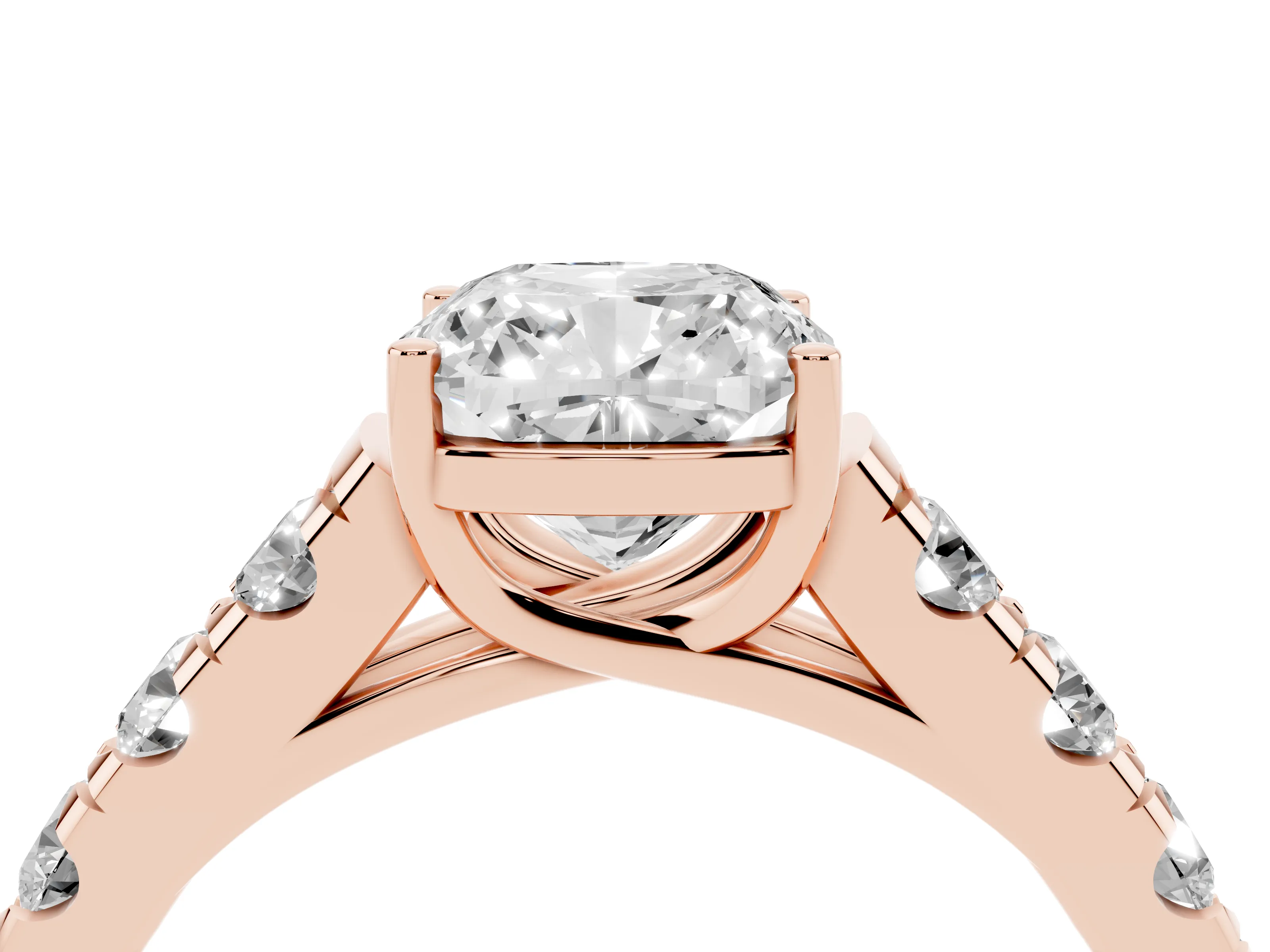 Cushion Cut Diamond Solitaire Ring Set in Rose gold with Cut-Down Micro Pavé Band and Prong Setting