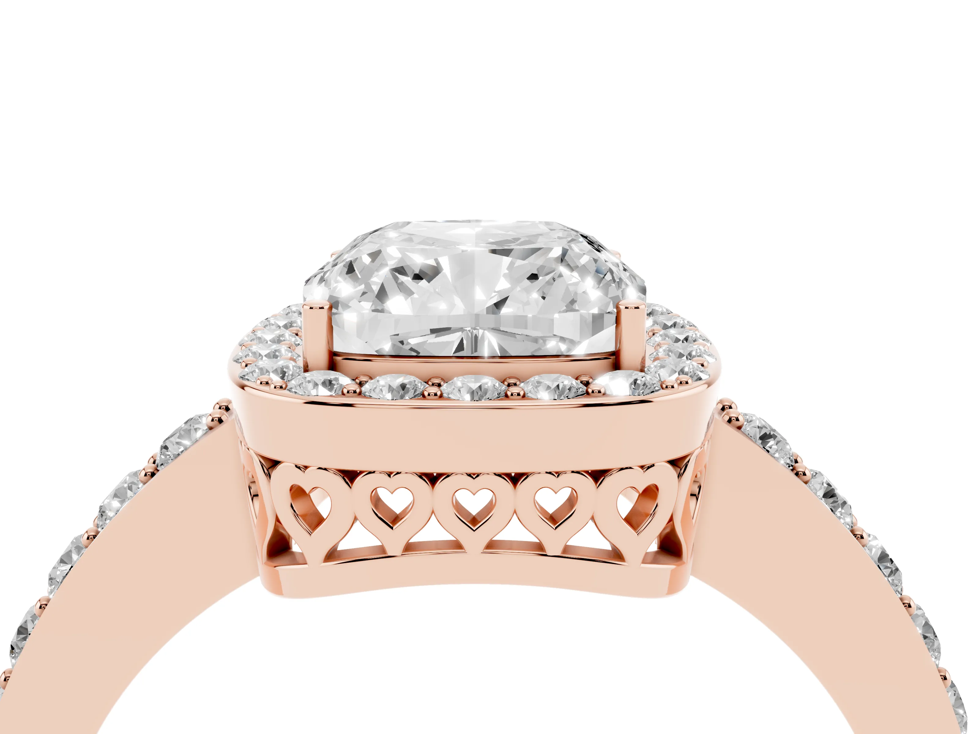 Cushion Cut Diamond Halo Ring Set in Rose gold with Pavé-Setting Band and Open Prong Center