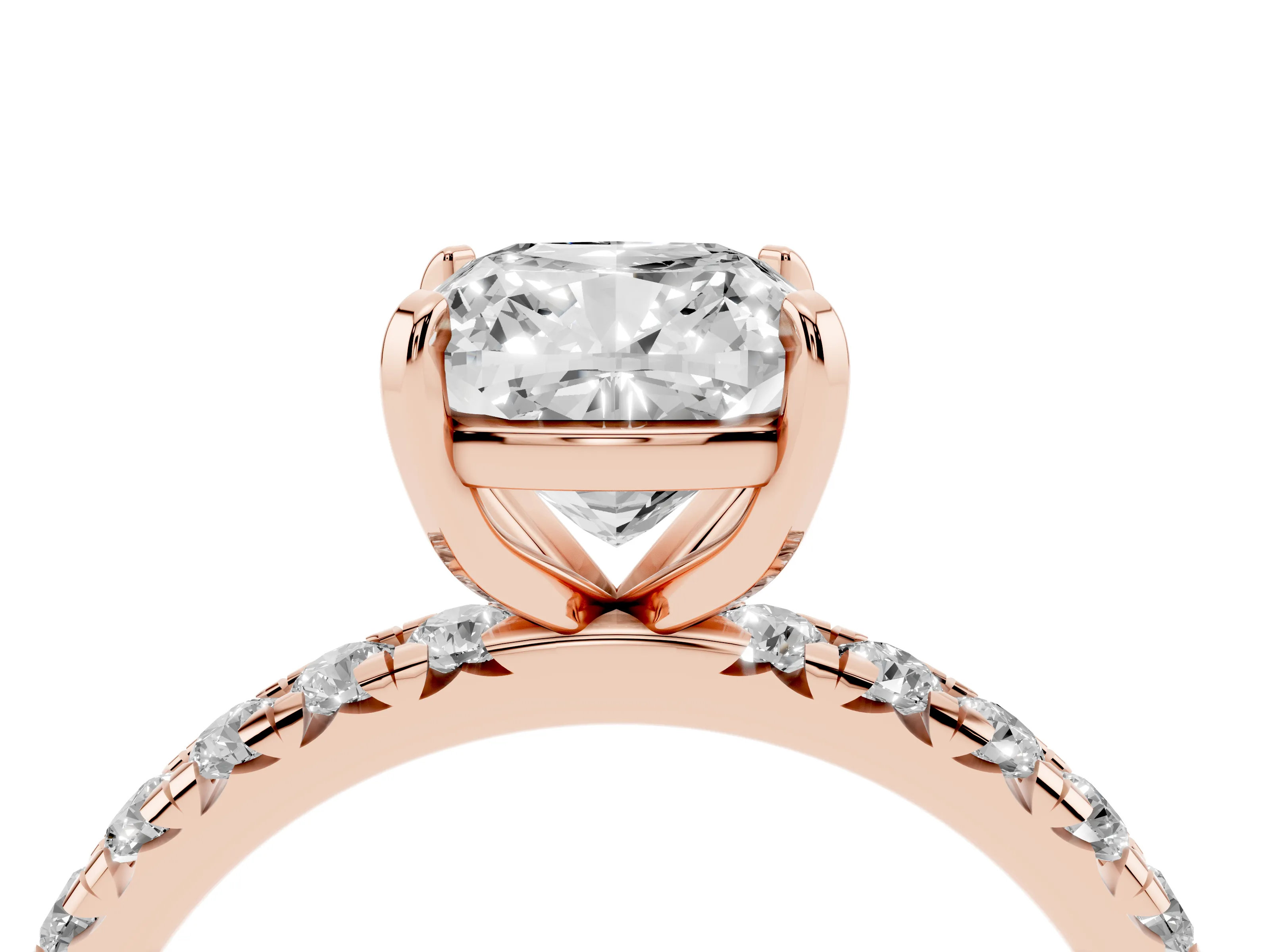 Cushion Cut Diamond Pavé Solitaire Ring Set in Rose gold with Round Band and Prong Setting