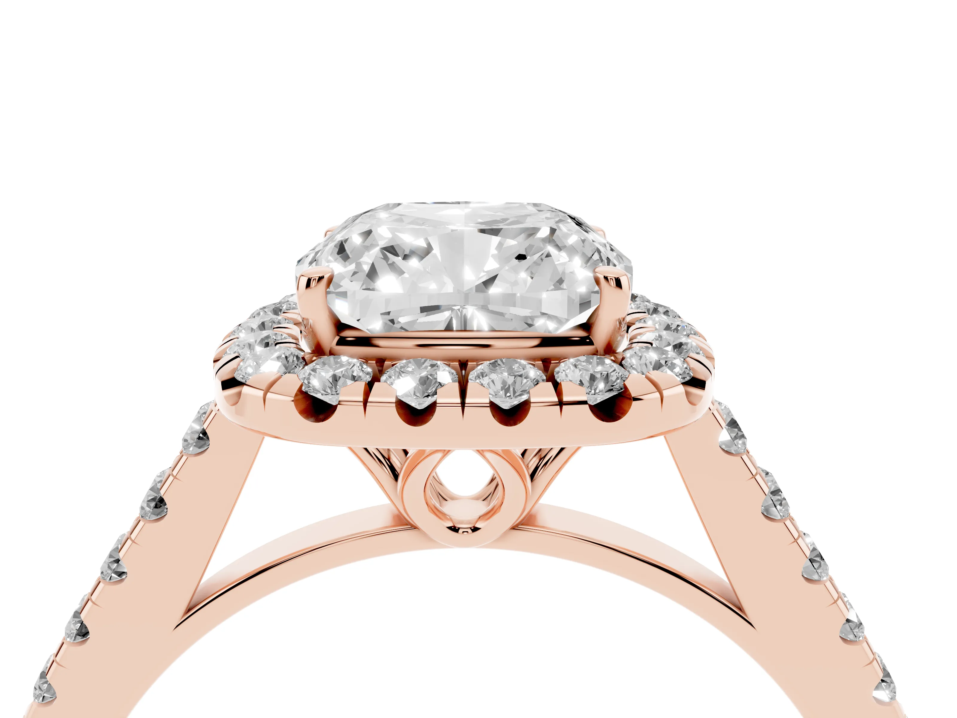 Cushion Cut Diamond Pavé Halo Engagement Ring Set in Rose gold with Pavé Band and Prong Setting