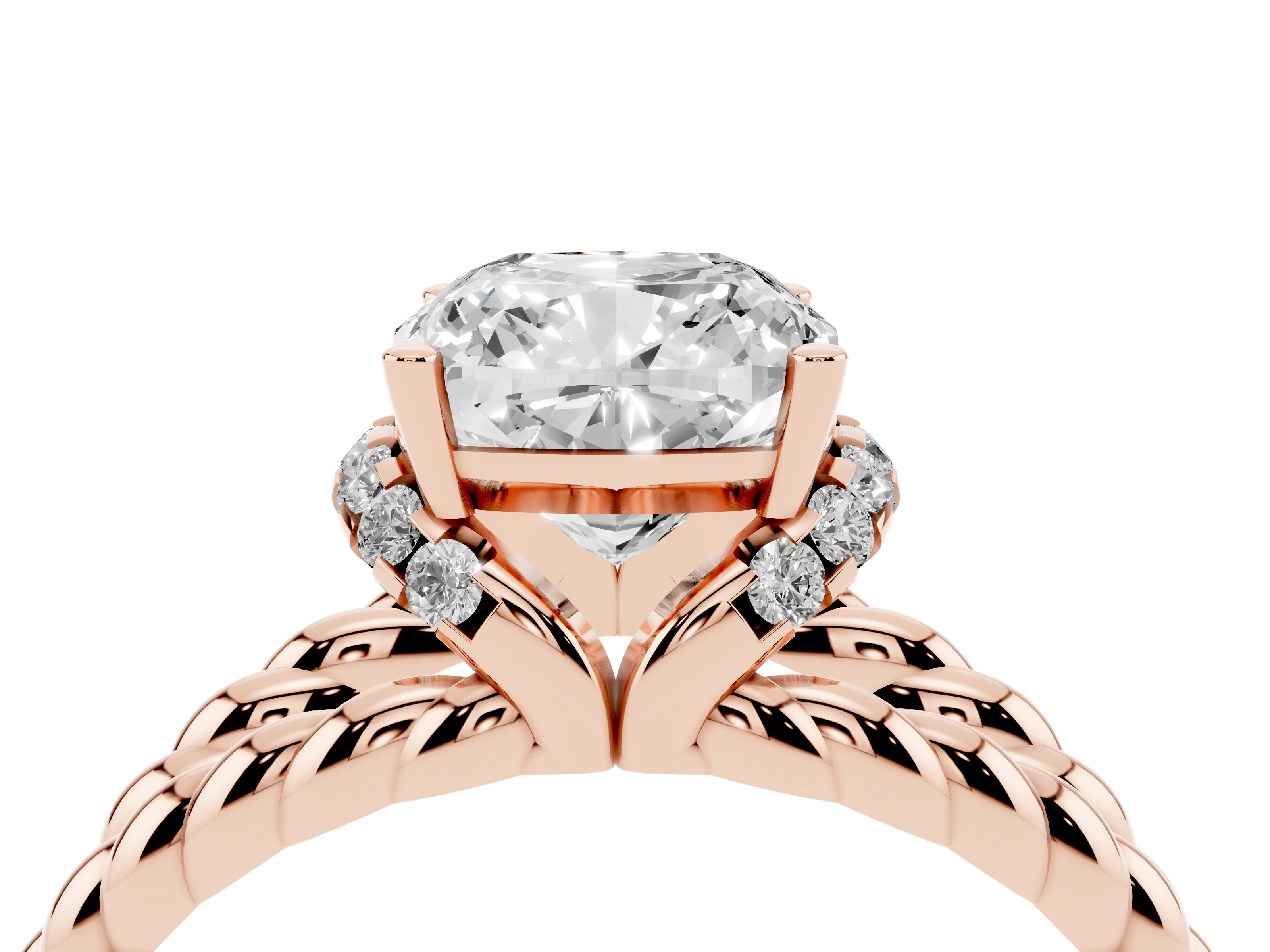 Cushion Cut Diamond Halo Ring Set in Rose gold with Twisted Band and Prong Setting