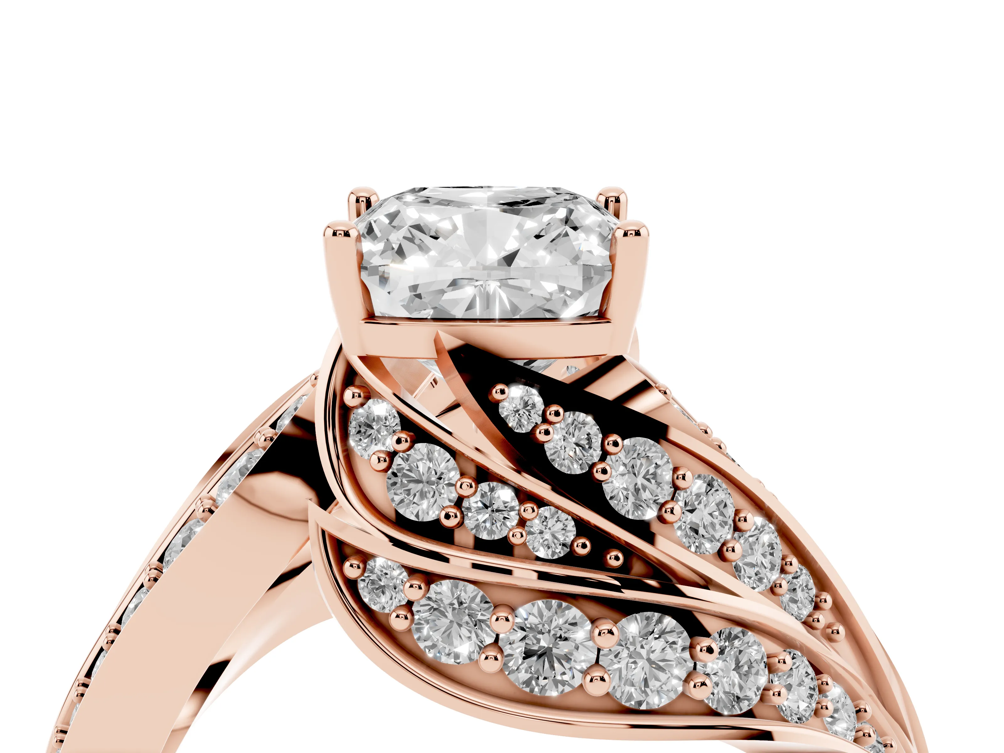 Cushion Cut Diamond Solitaire Ring Set in Rose gold with Layered Twist Pavé Band