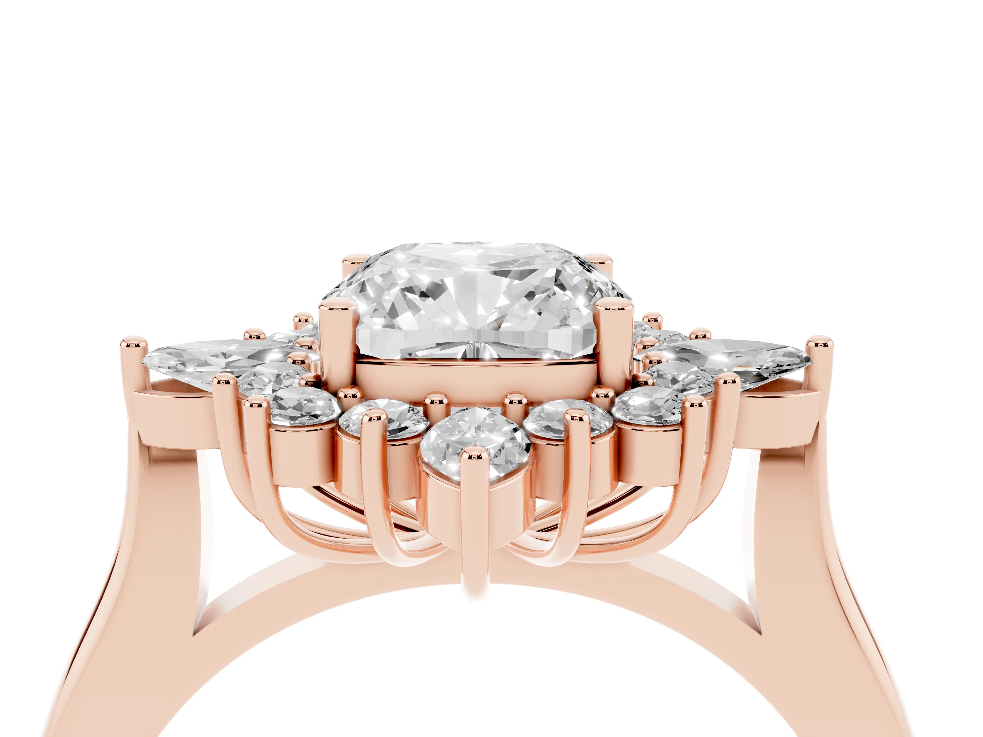 Cushion Cut Diamond Cluster Halo Ring Set in Rose gold with Marquise and Round Accents