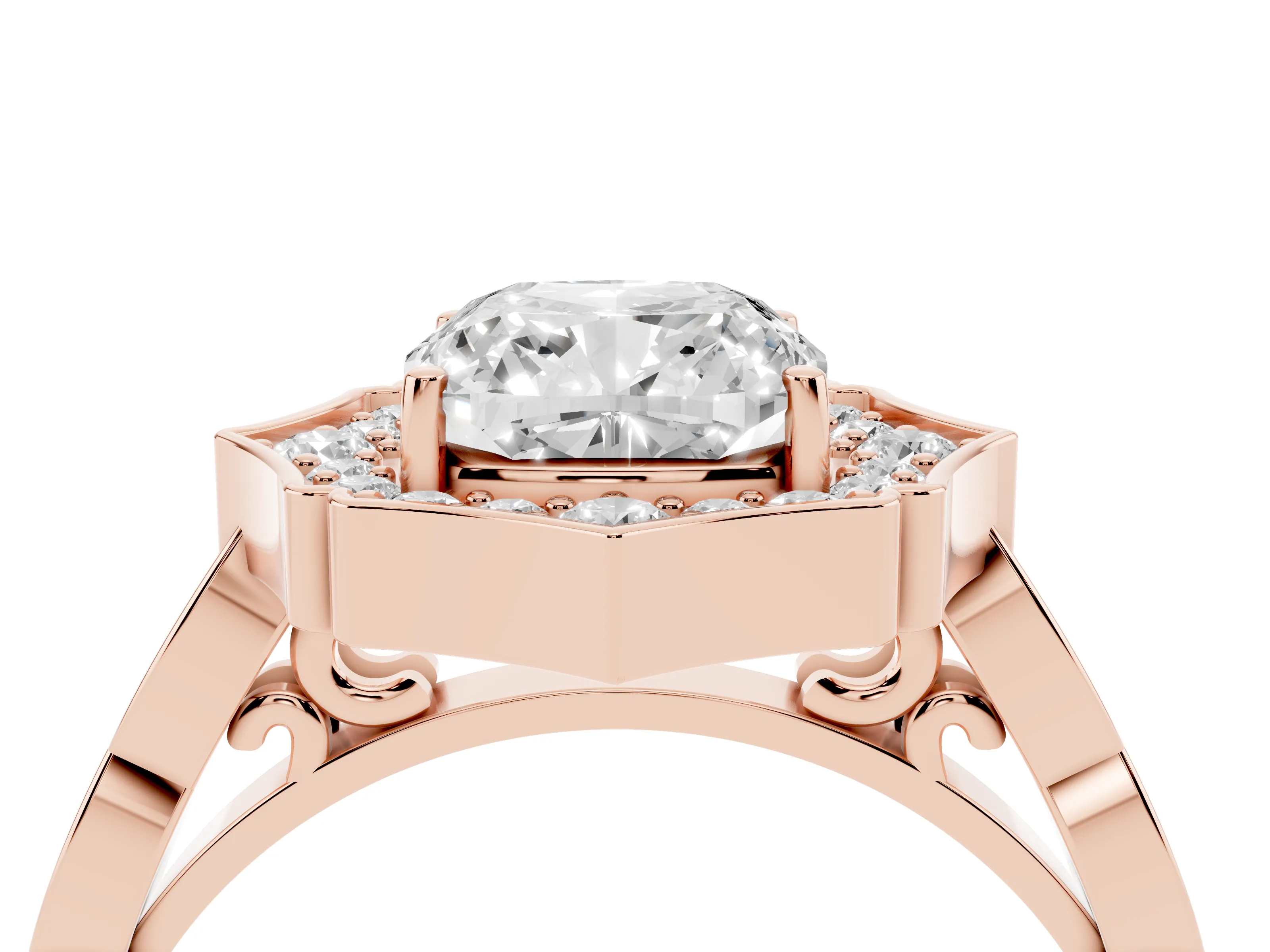 Cushion Cut Diamond Halo Engagement Ring Set in Rose gold with Milgrain Band and Prong Setting