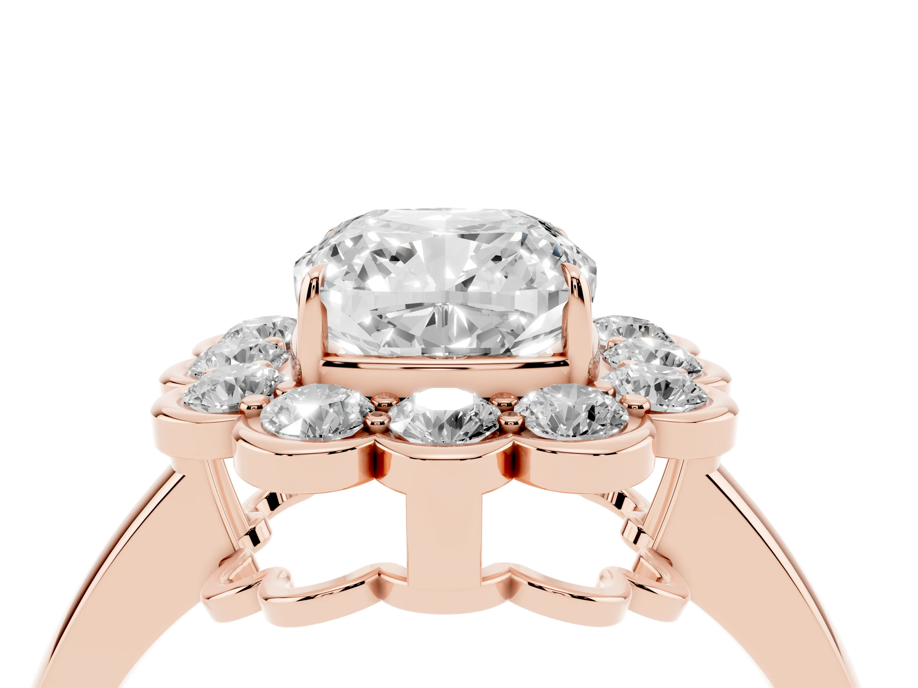 Cushion Cut Diamond Halo Cluster Engagement Ring Set in Rose gold with Solitaire Band and Prong Setting