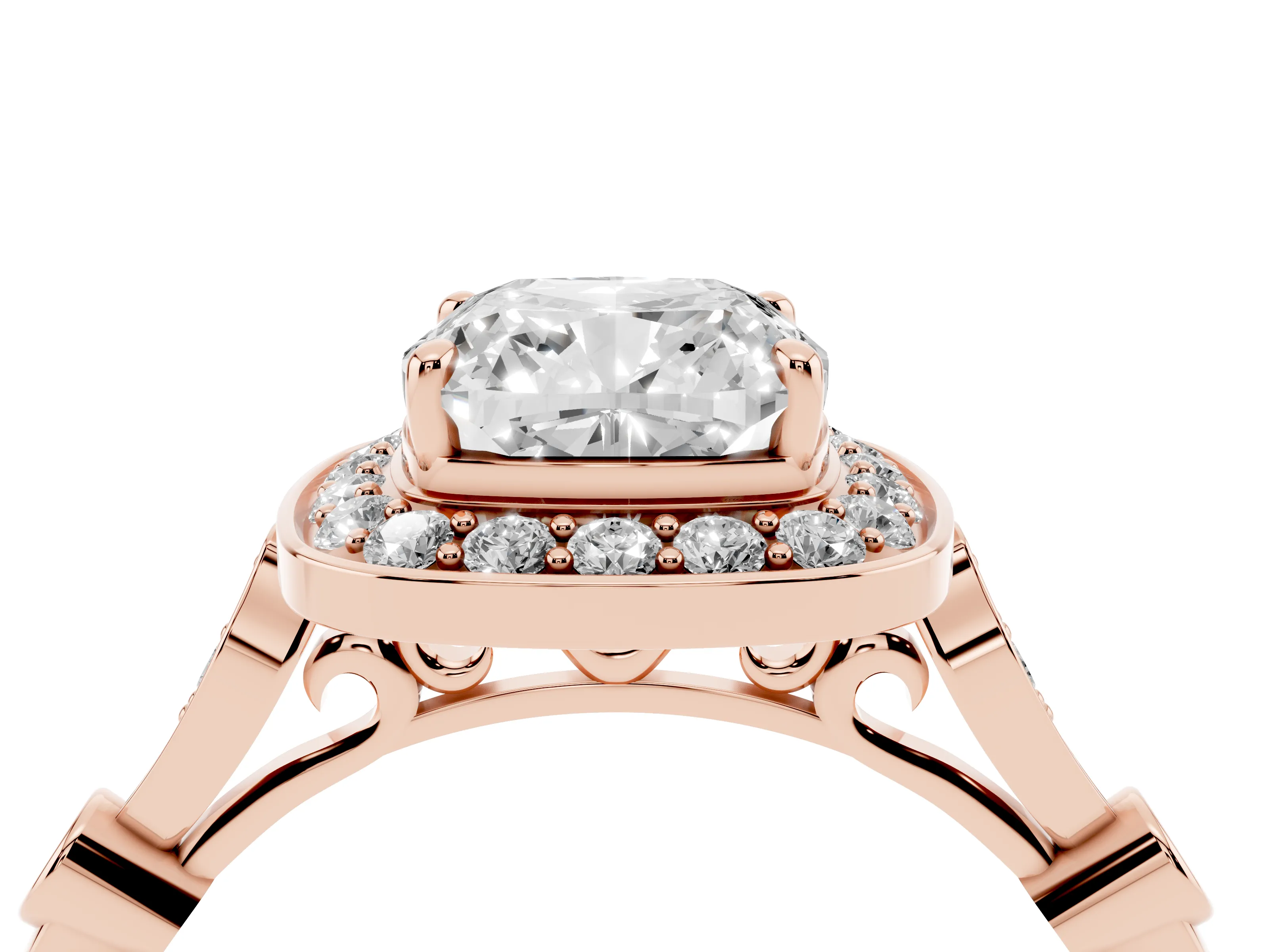Cushion Cut Diamond Halo Engagement Ring Set in Rose gold with Twisted Band and Prong Setting