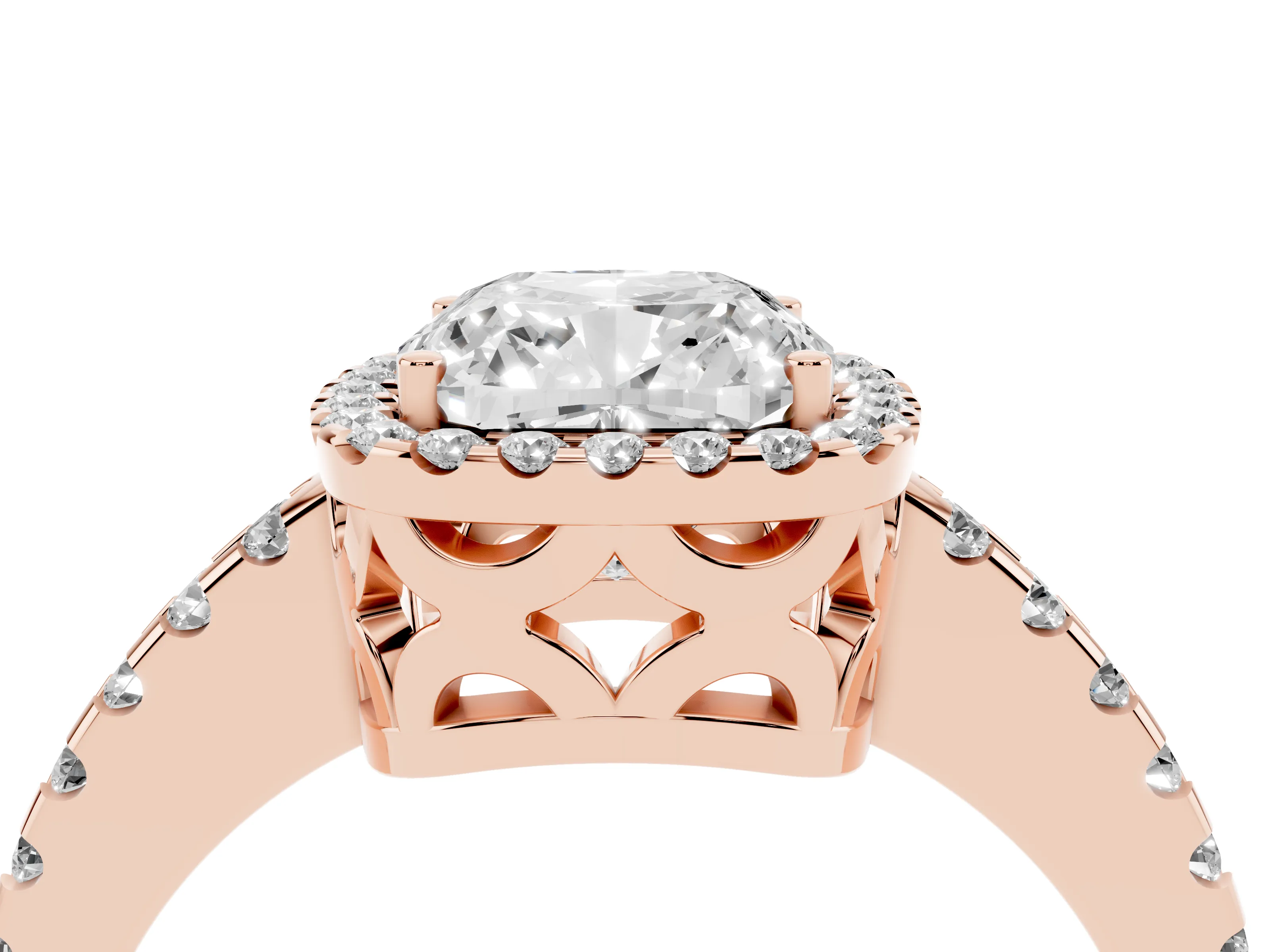 Cushion Cut Diamond Halo Ring Set in Rose gold with Pavé Shoulders and Halo-Framed Center