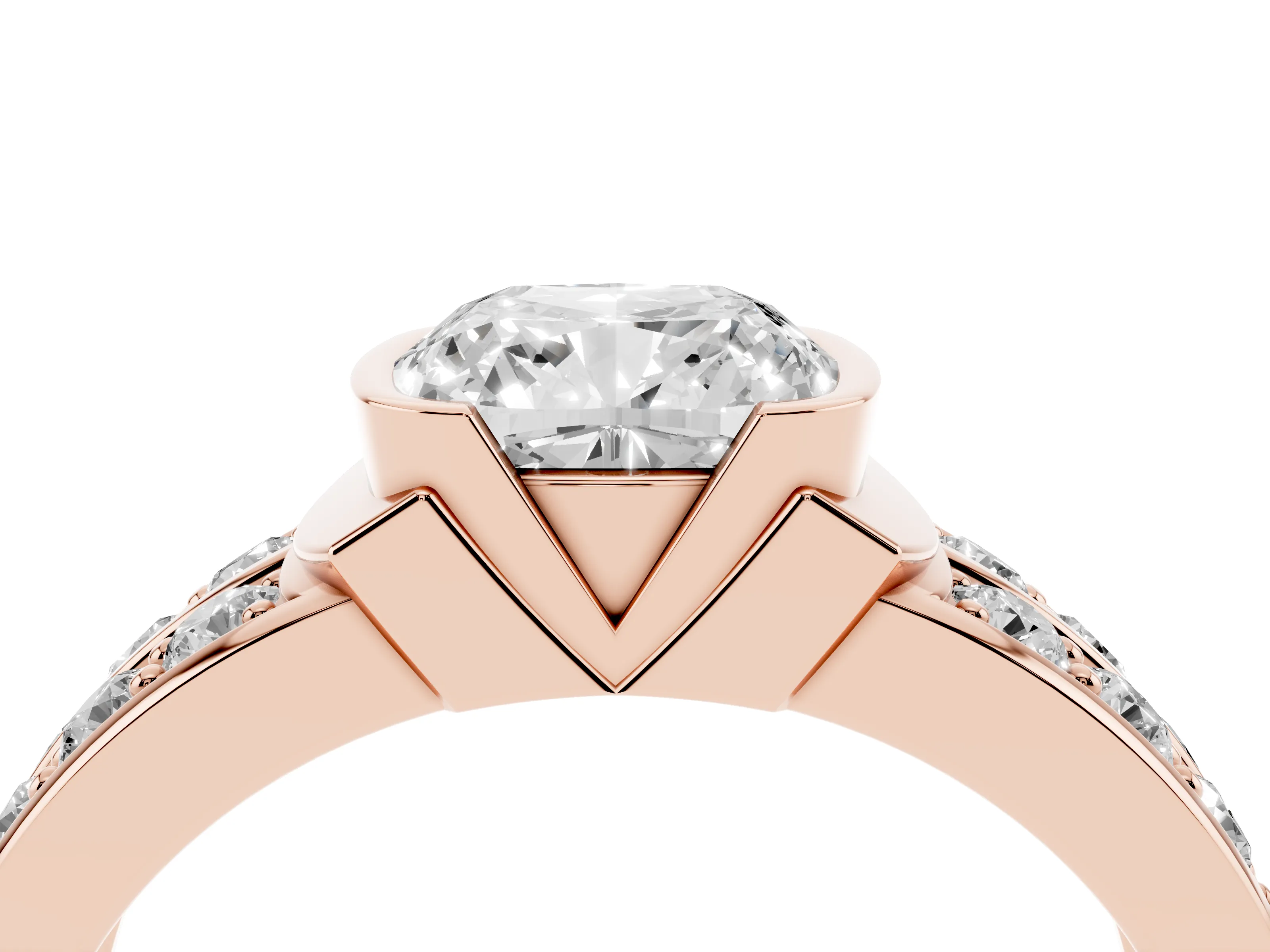 Cushion Cut Diamond Wide Channel Set Band Ring Set in Rose gold with Bezel Setting