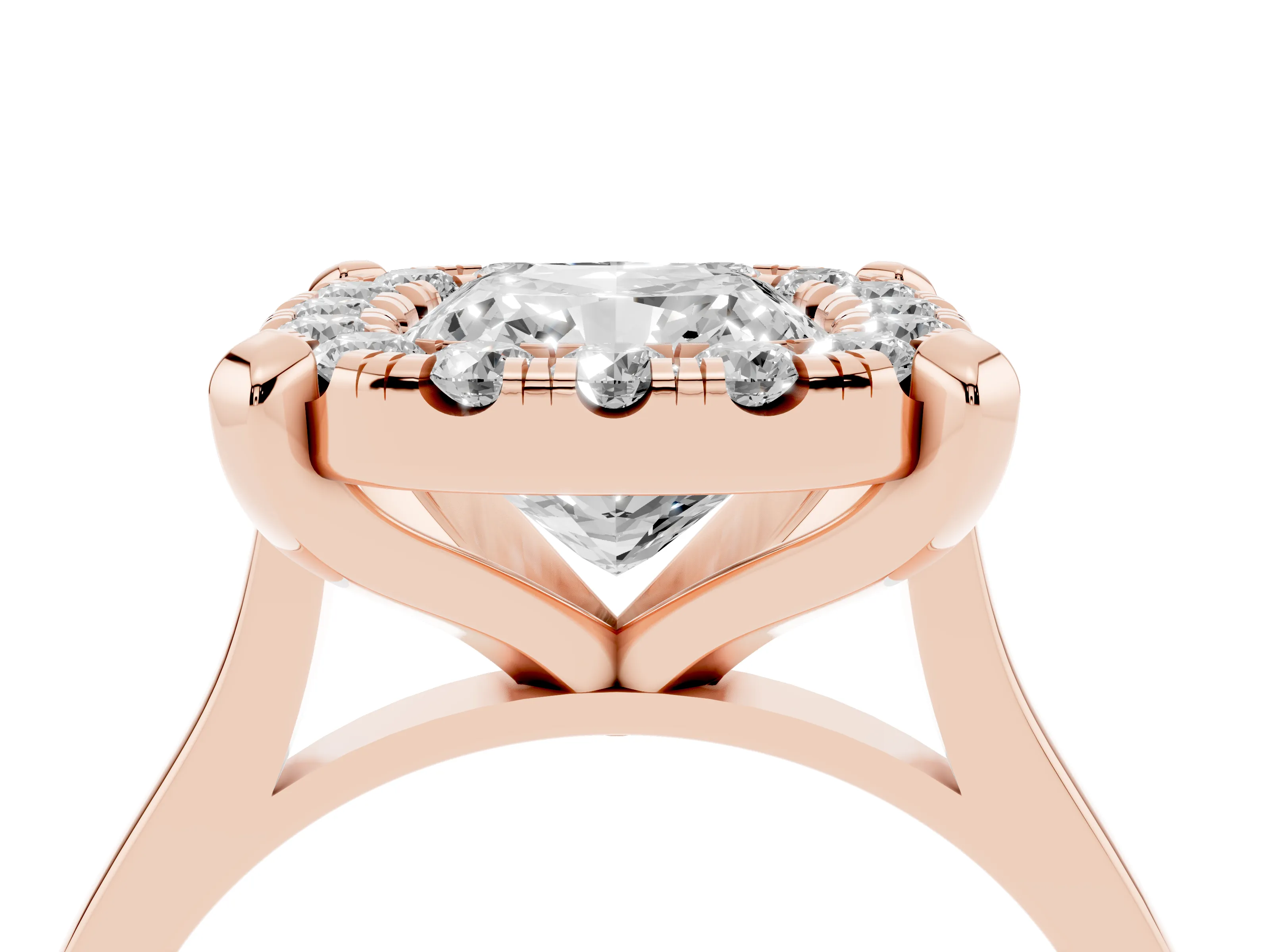 Cushion Cut Diamond Cluster Halo Solitaire Ring Set in Rose gold with Prong Setting