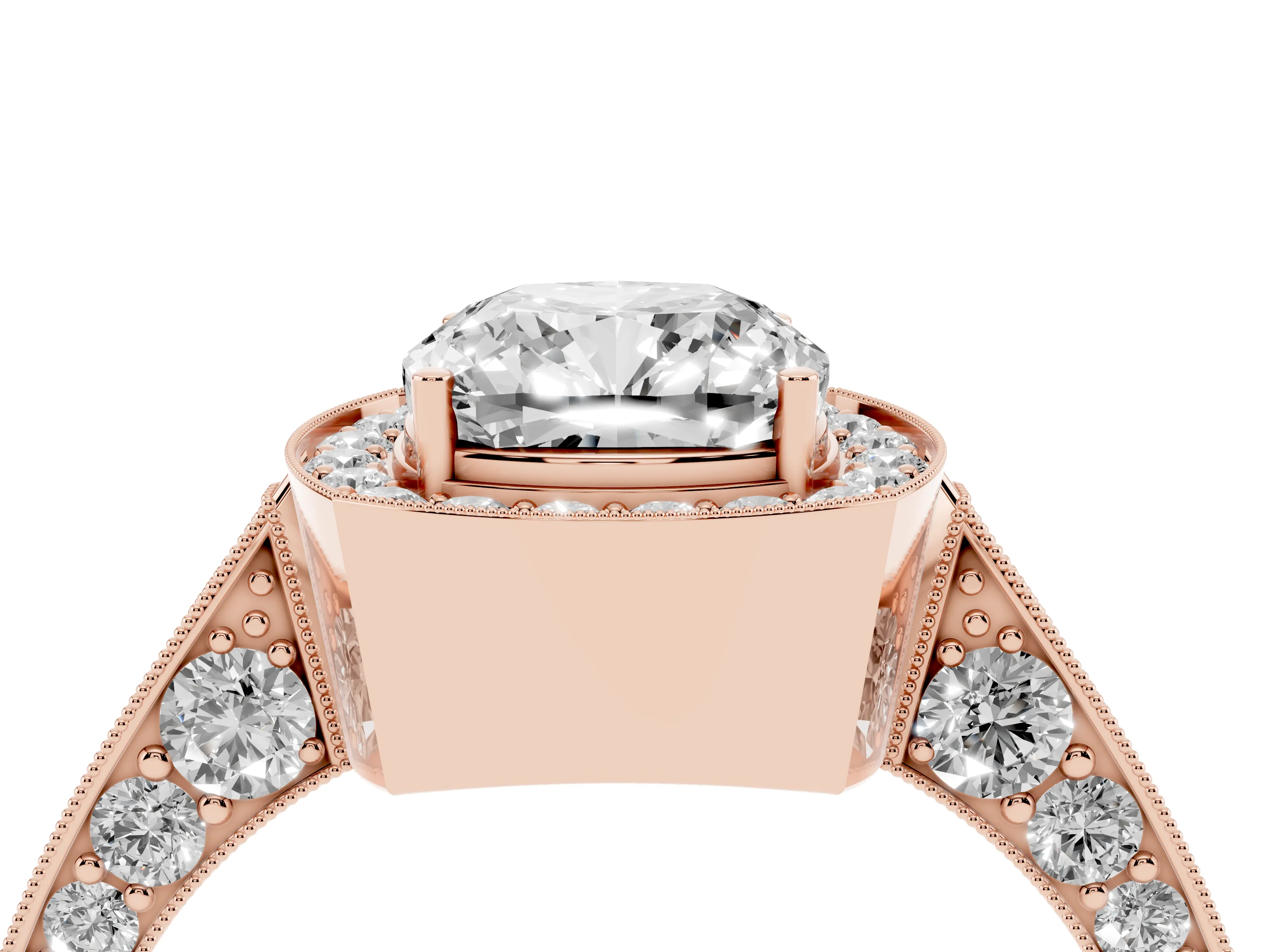 Cushion Cut Diamond Halo Engagement Ring Set in Rose gold with Accent Split Shank Band