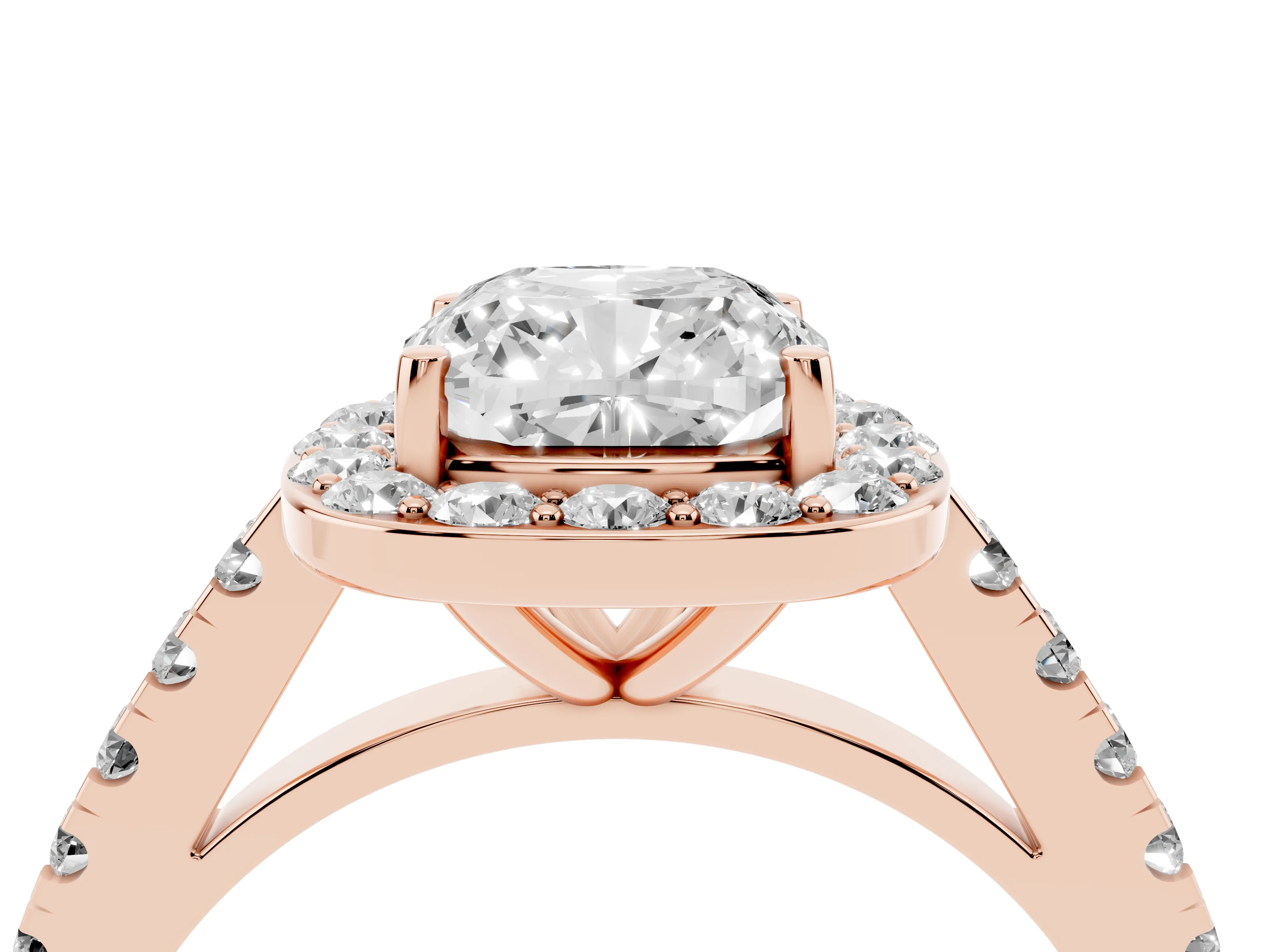 Cushion Cut Diamond Halo Ring Set in Rose gold with Round Pavé Split Shank and Prong Setting