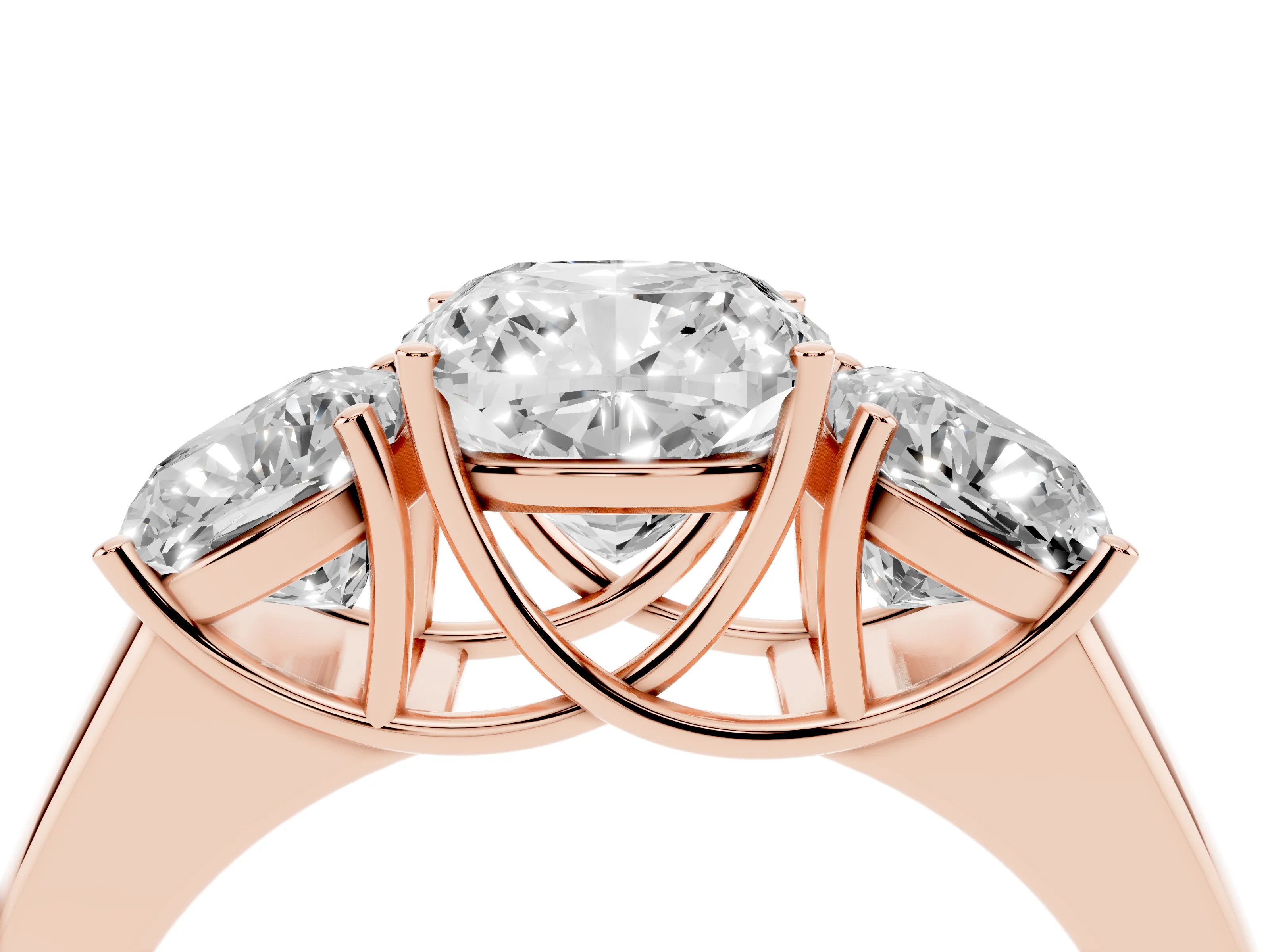 Three-Stone Cushion Cut Diamond Ring Set in Rose gold with Matching Prong Settings and Plain Band