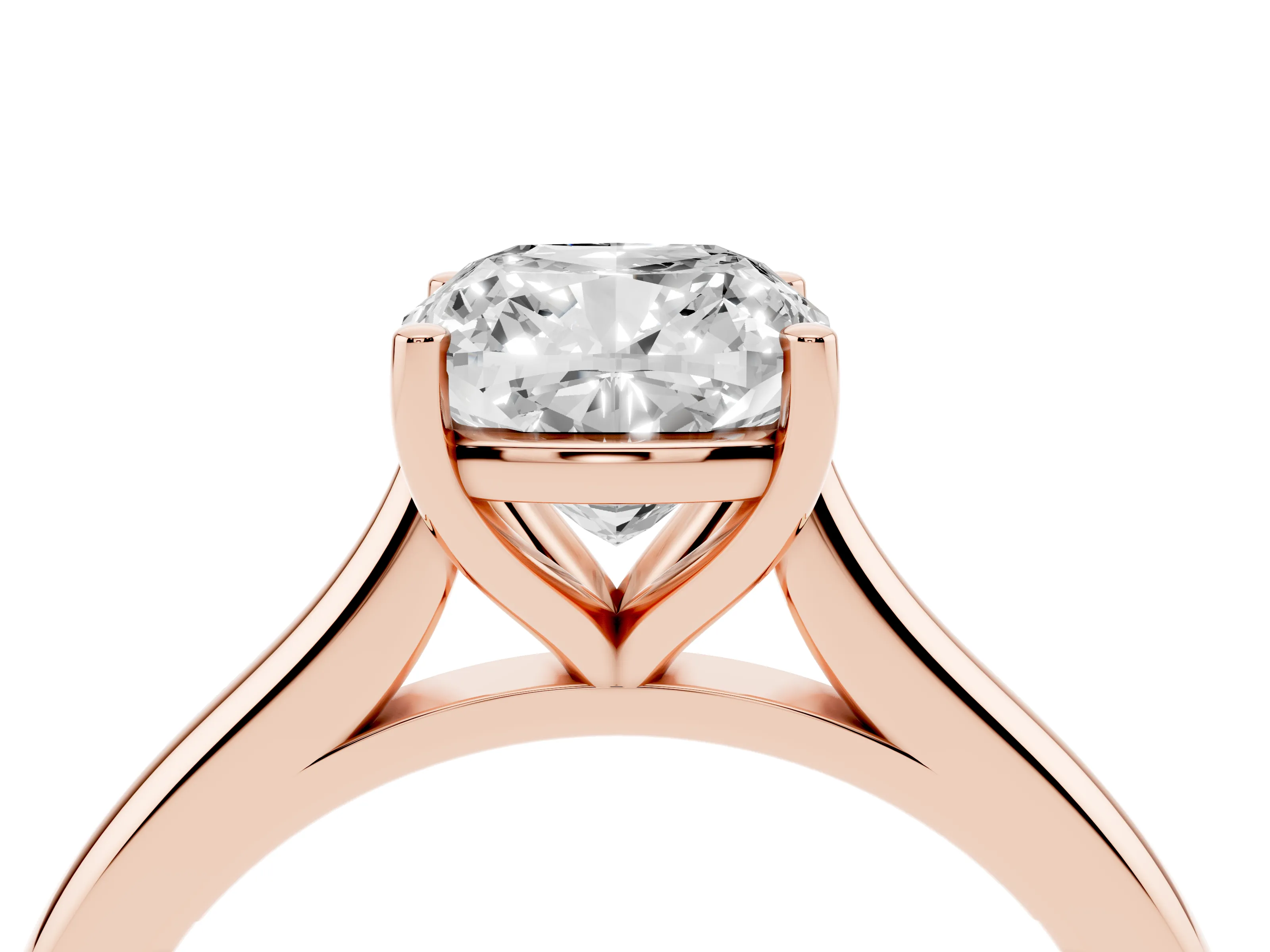 Cushion Cut Diamond Solitaire Ring Set in Rose gold with Cathedral Band and Prong Setting