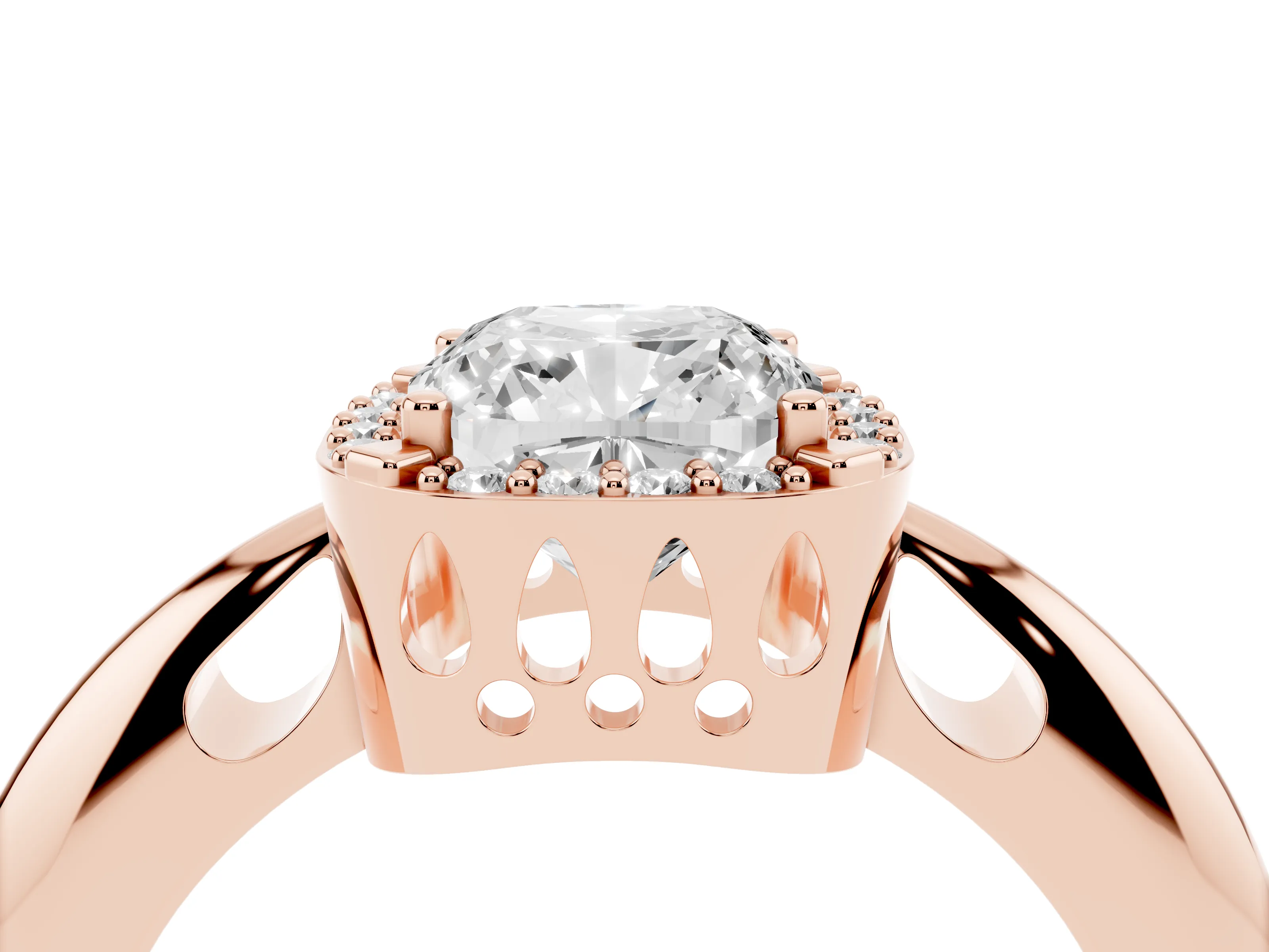 Cushion Cut Diamond Halo Engagement Ring Set in Rose gold with Plain Split Shank and Prong Setting