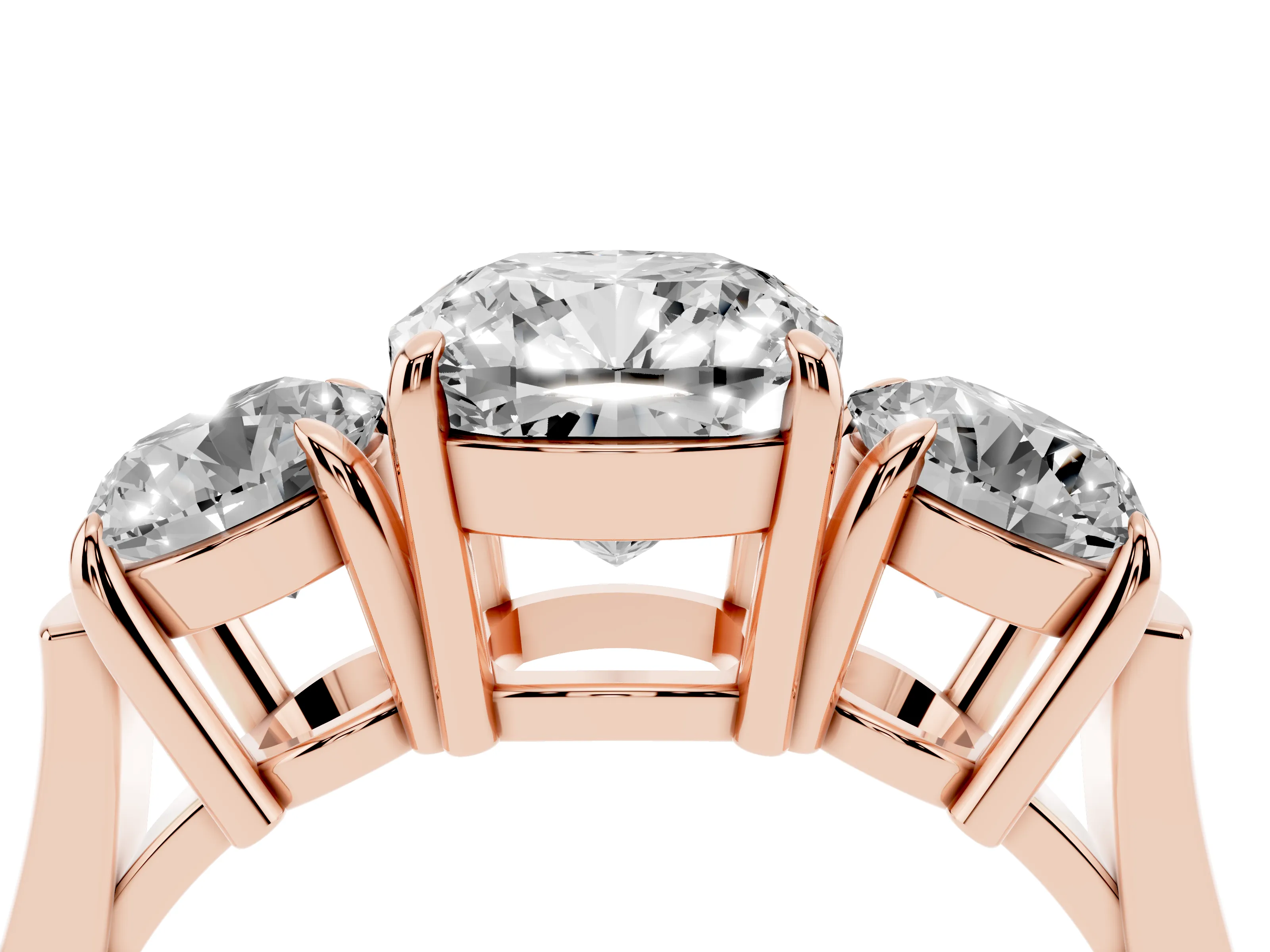 Cushion Cut Diamond Three-Stone Ring Set in Rose gold with Round Accent Stones and Plain Band