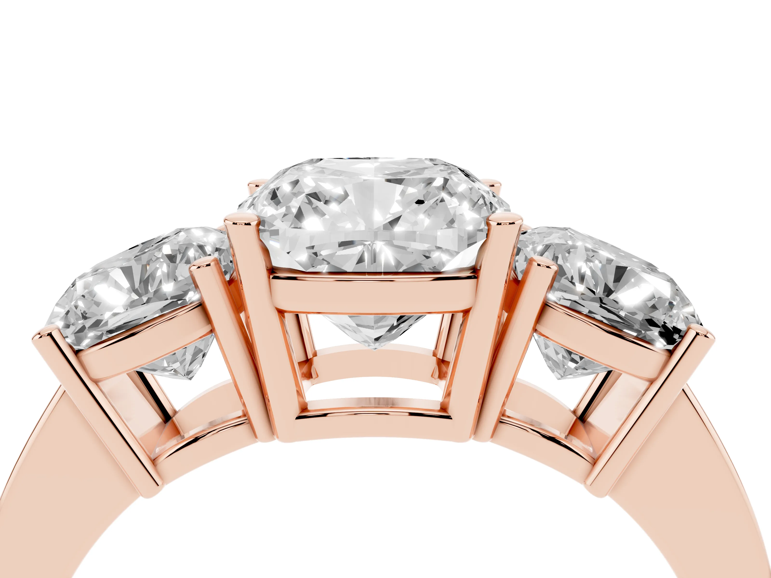 Cushion Cut Diamond Three-Stone Engagement Ring Set in Rose gold with Flat Band
