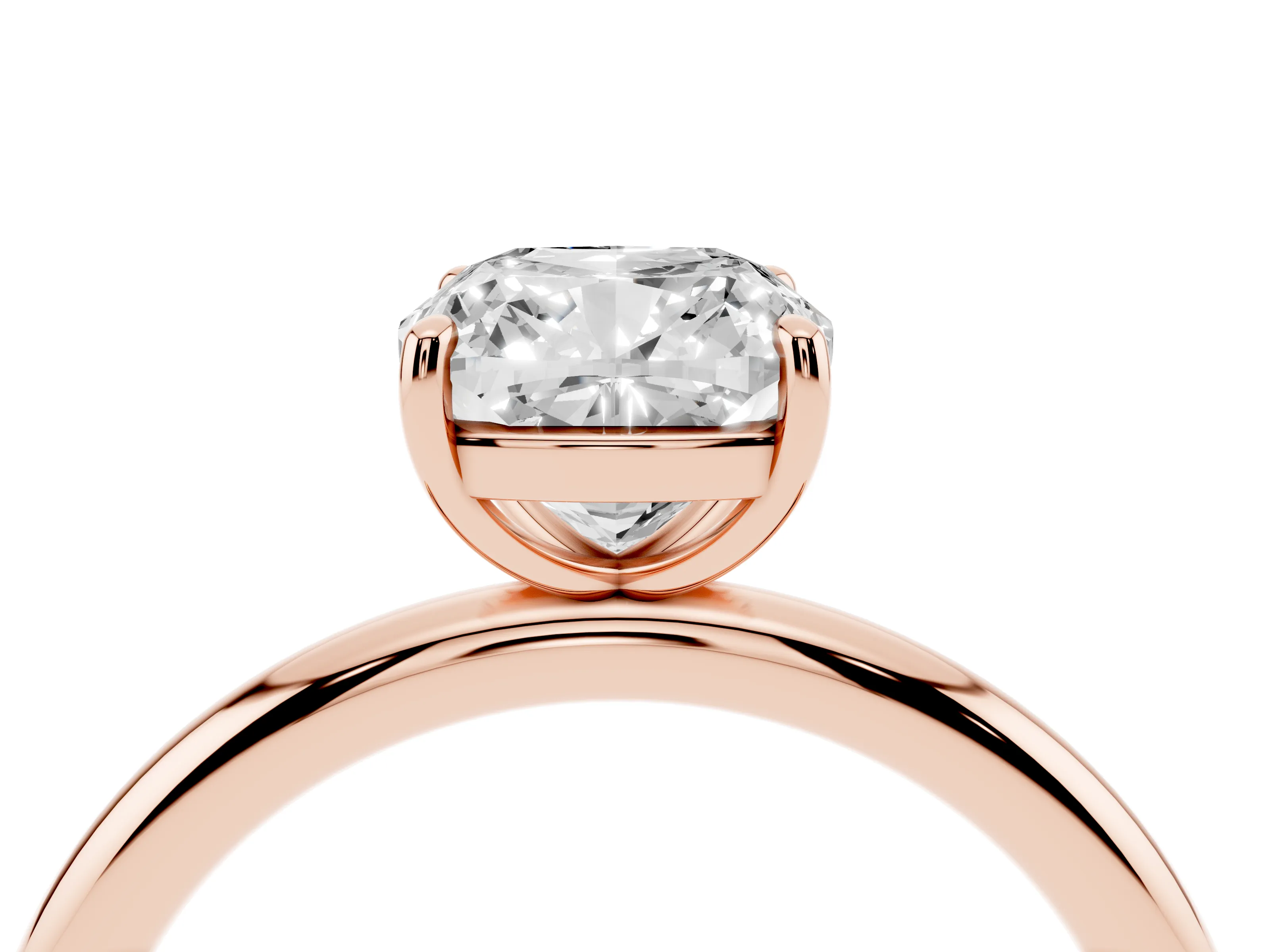 Cushion Cut Diamond Solitaire Ring Set in Rose gold with Prong Setting on a Polished Plain Band