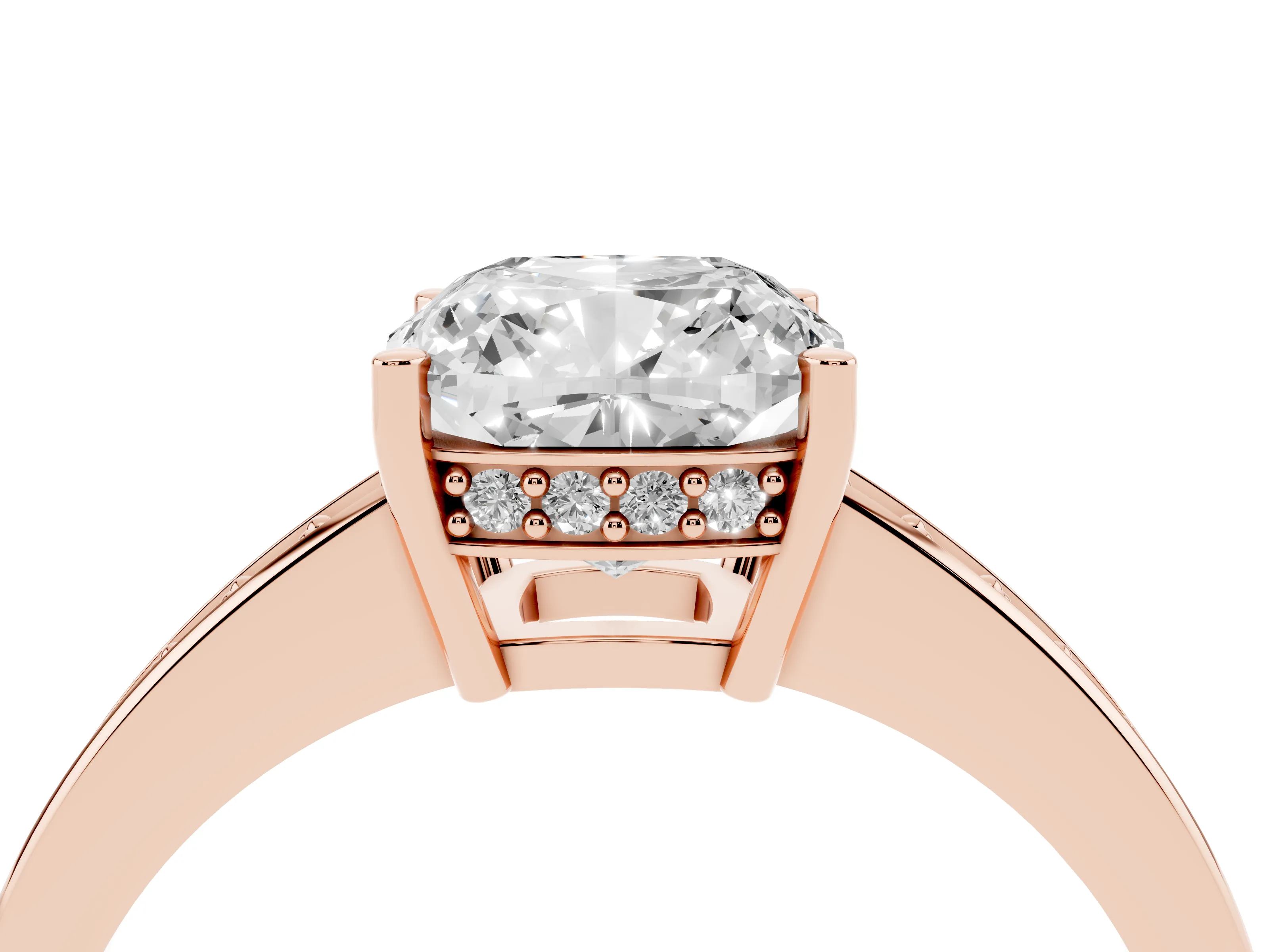 Cushion Cut Diamond Pavé Band Prong Set Solitaire Ring Set in Rose gold