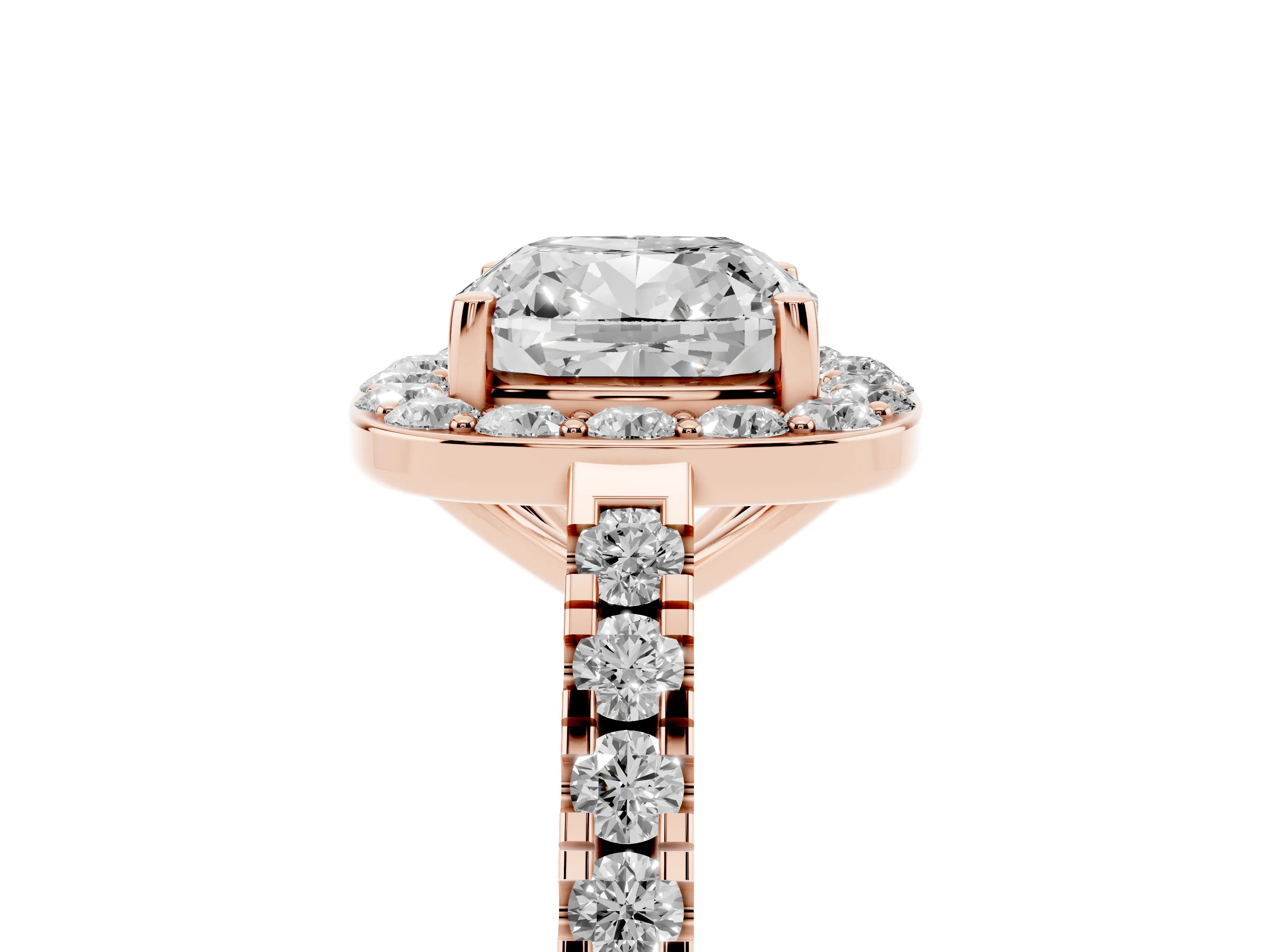 Cushion Cut Diamond Halo Ring Set in Rose gold with Round Pavé Split Shank and Prong Setting