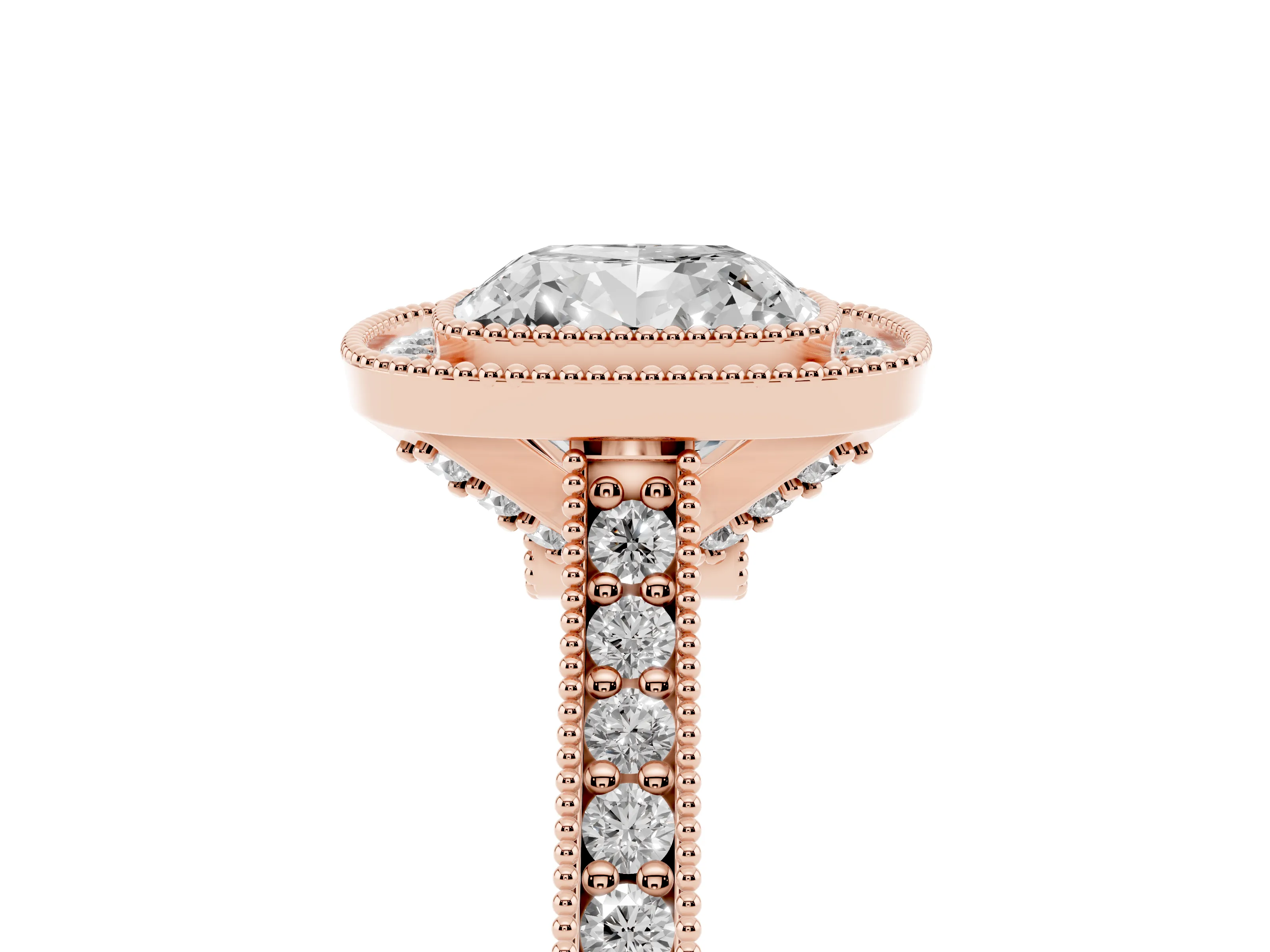 Cushion Cut Diamond Halo Milgrain Pavé Band Ring Set in Rose gold with Prong Setting
