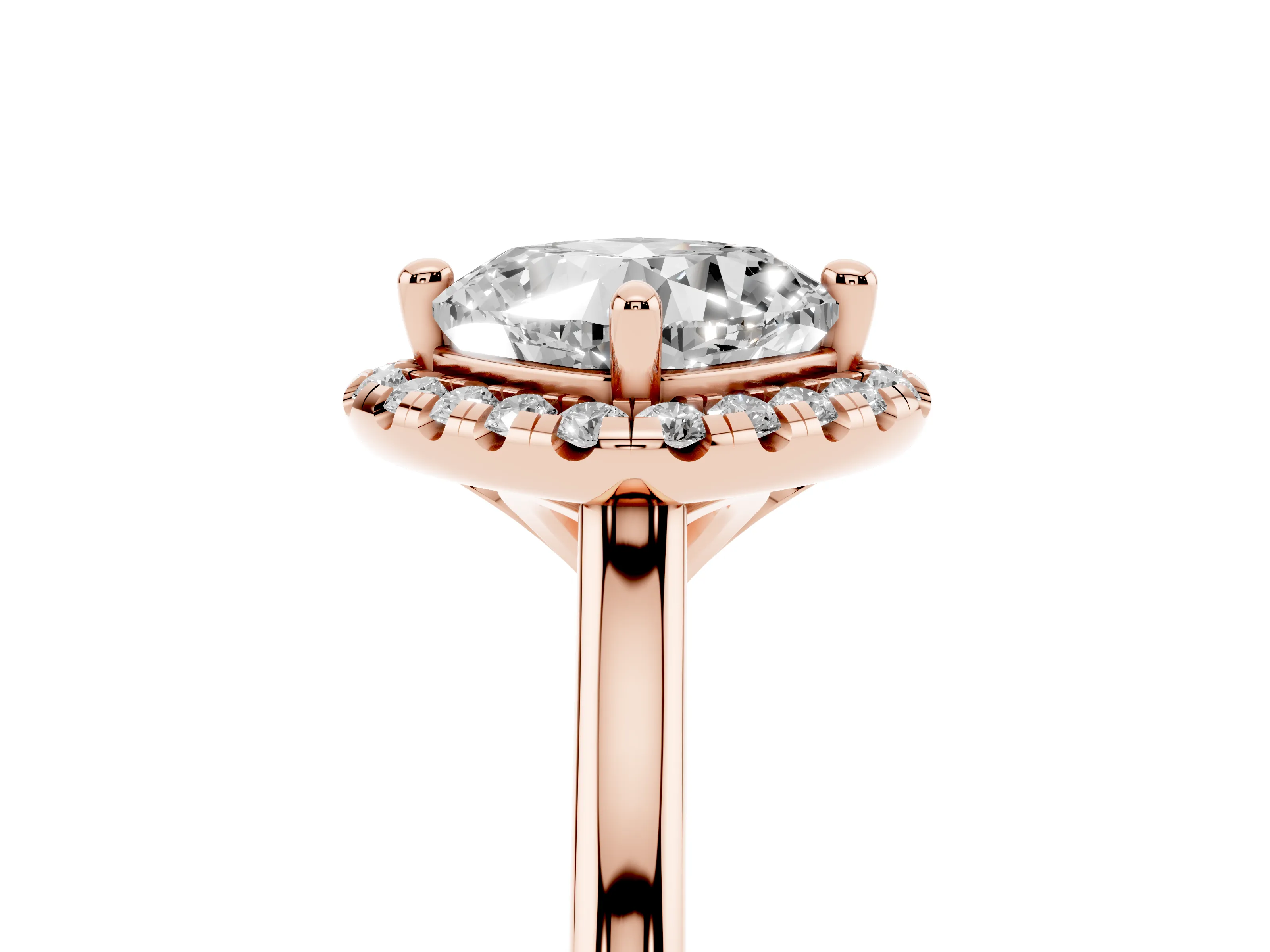 Cushion Cut Diamond Halo Engagement Ring Set in Rose gold with Pavé Band and Rising Shoulders
