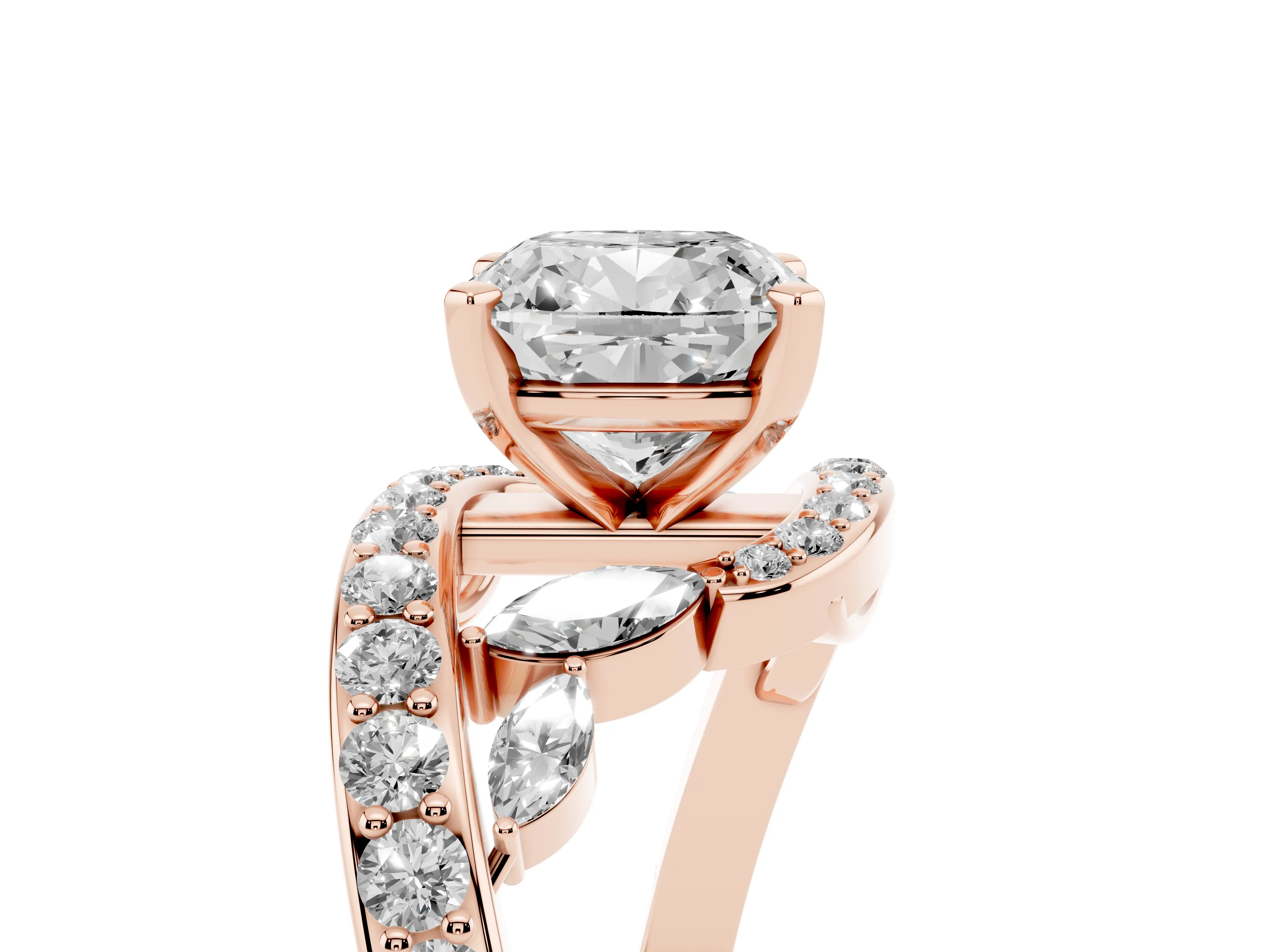 Cushion Cut Diamond Solitaire Ring Set in Rose gold with Pavé Twist Band and Secure Prong Setting