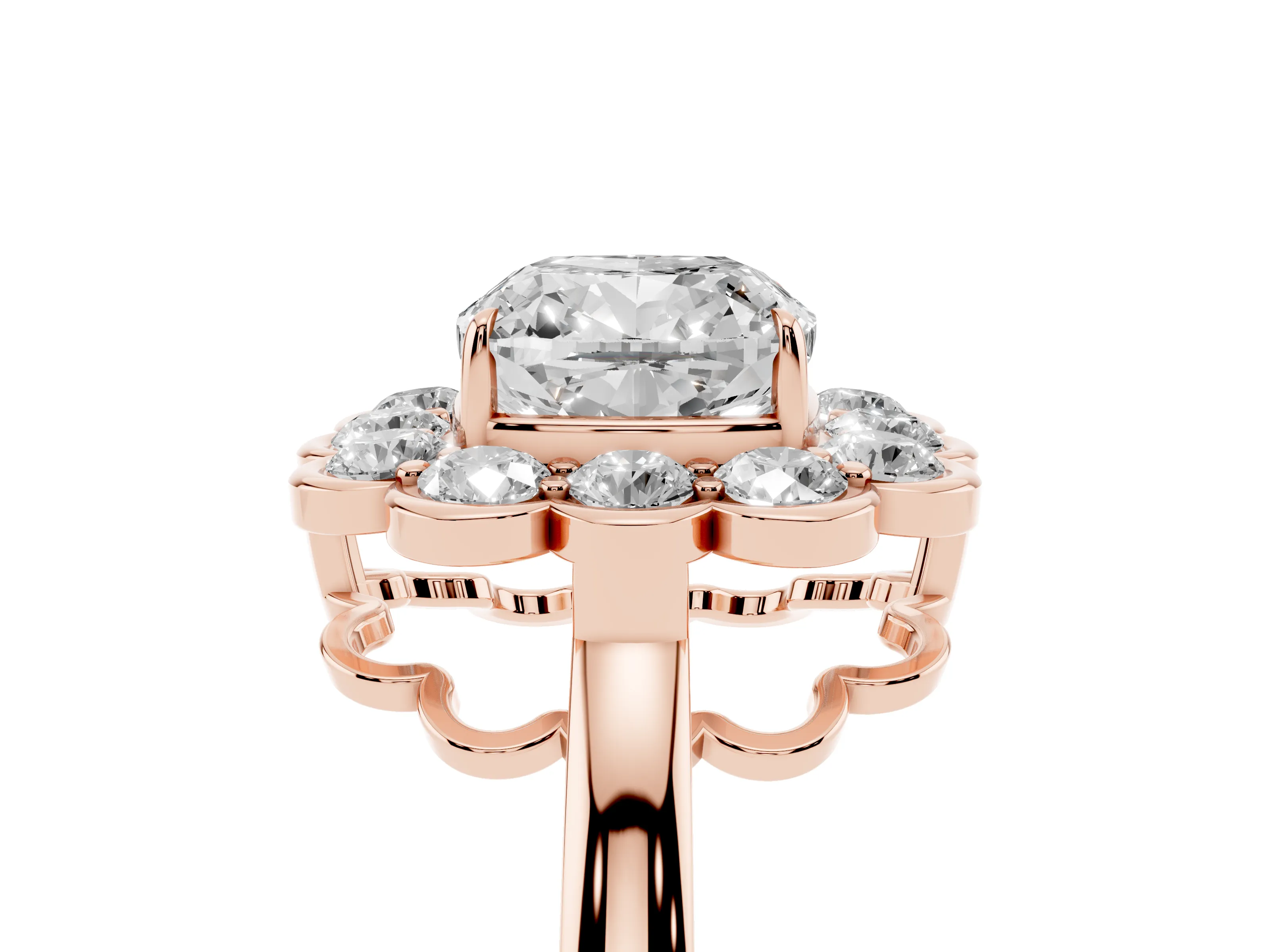 Cushion Cut Diamond Halo Cluster Engagement Ring Set in Rose gold with Solitaire Band and Prong Setting