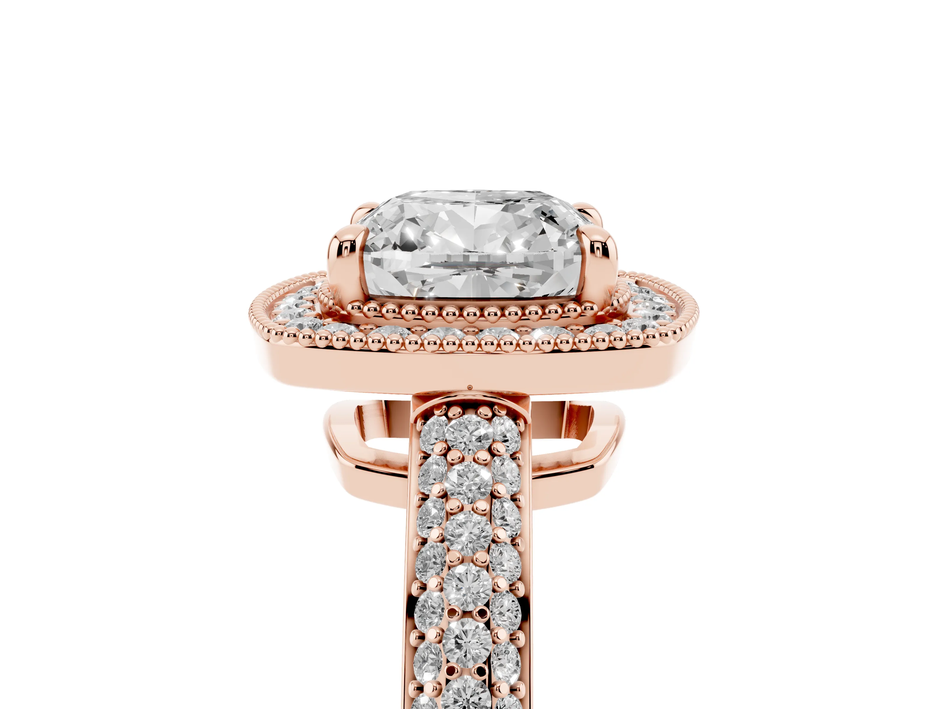 Cushion Cut Diamond Halo Pavé Band Set in Rose gold with Prong Setting