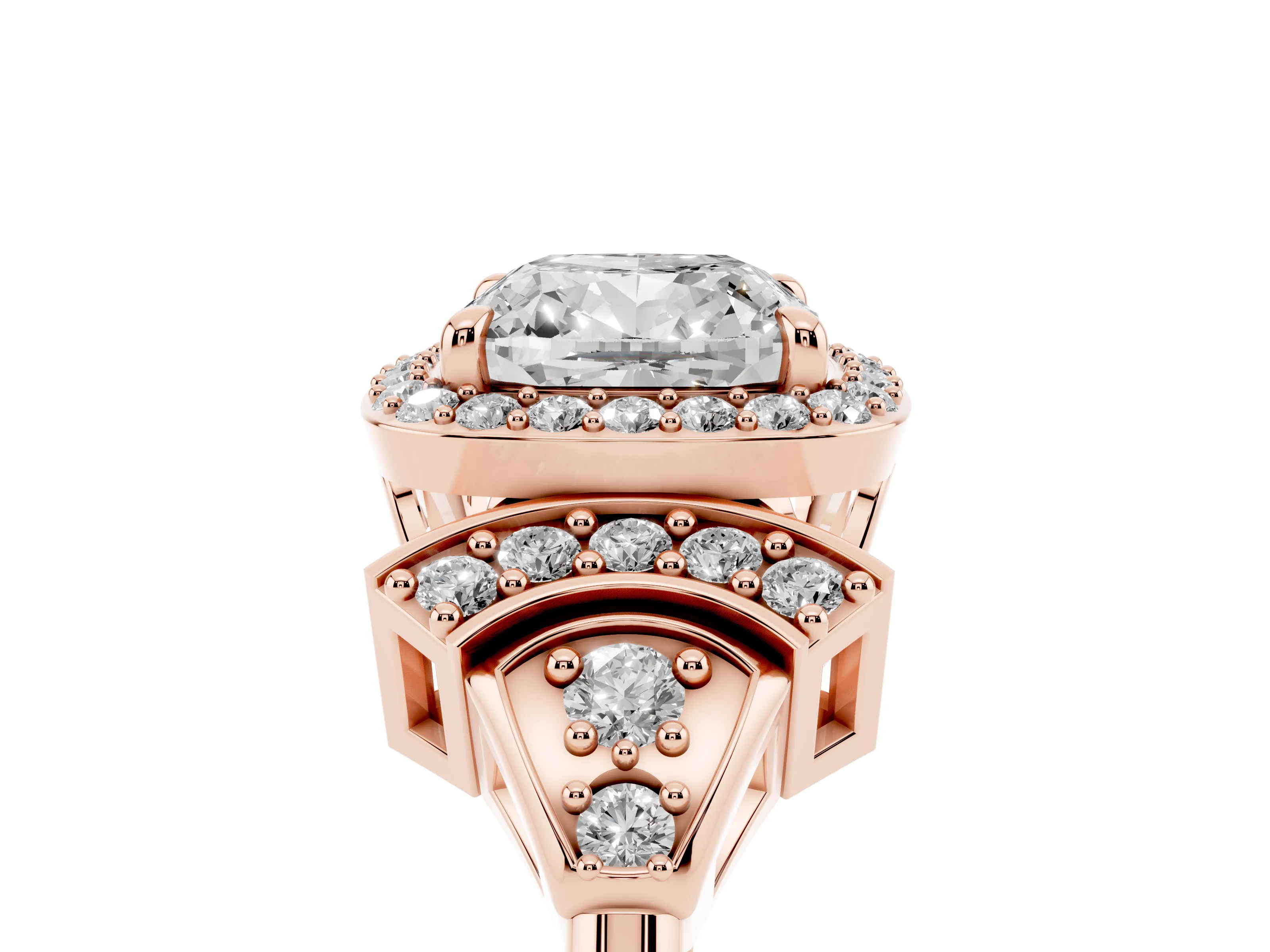 Cushion Cut Diamond Halo Engagement Ring Set in Rose gold with Accent Stone Split Shank