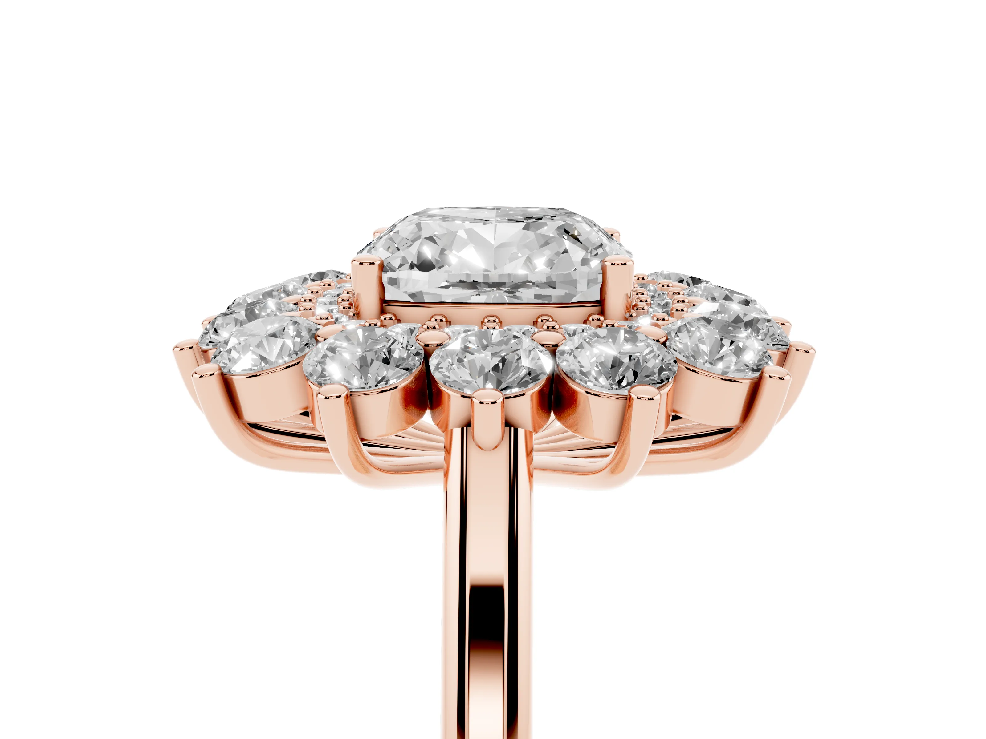 Cushion Cut Diamond Floral Double Halo Ring Set in Rose gold with Round Petals
