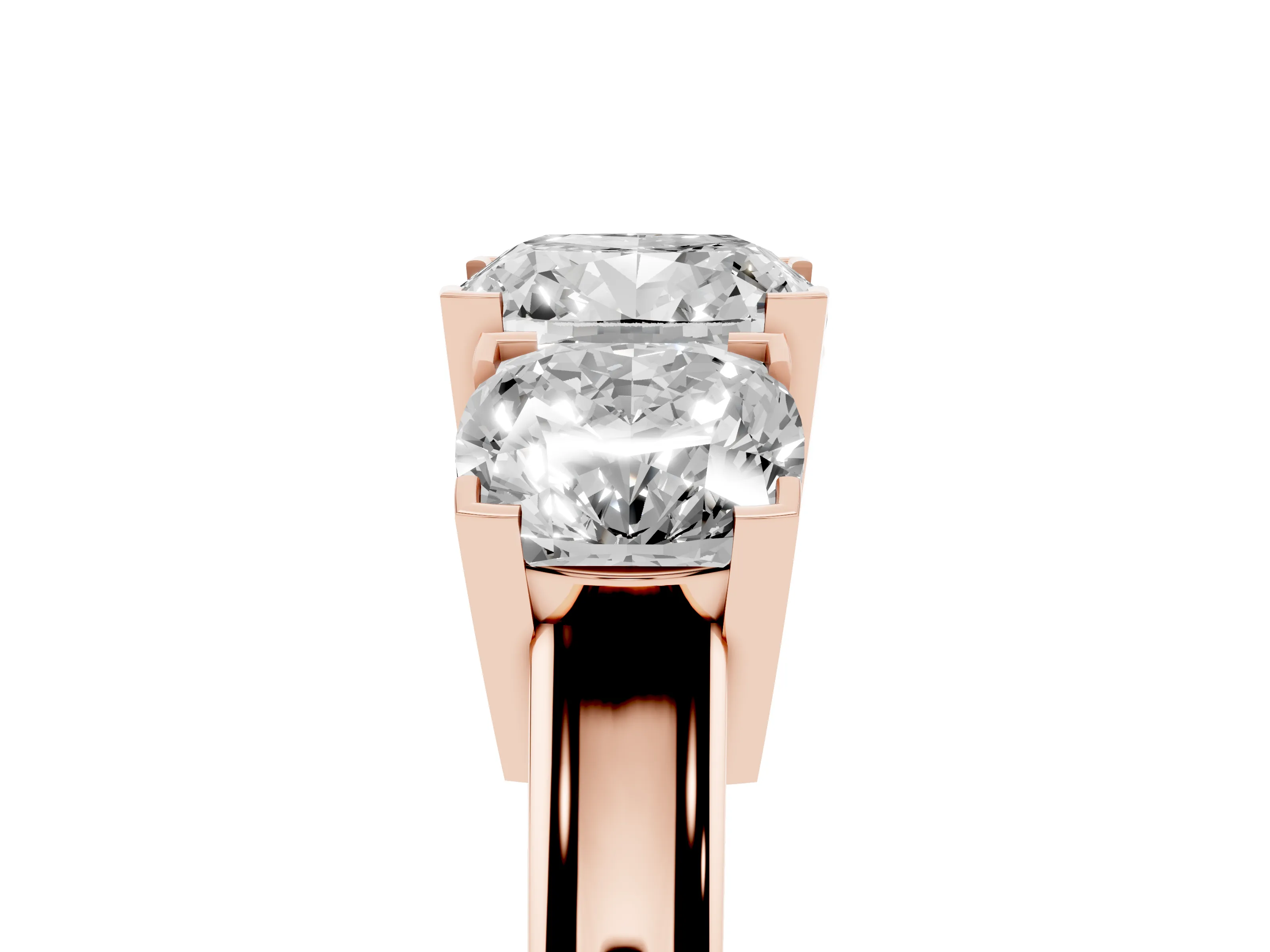 Cushion Cut Diamond Three-Stone Ring Set in Rose gold with Channel-Set Band and Prong Settings