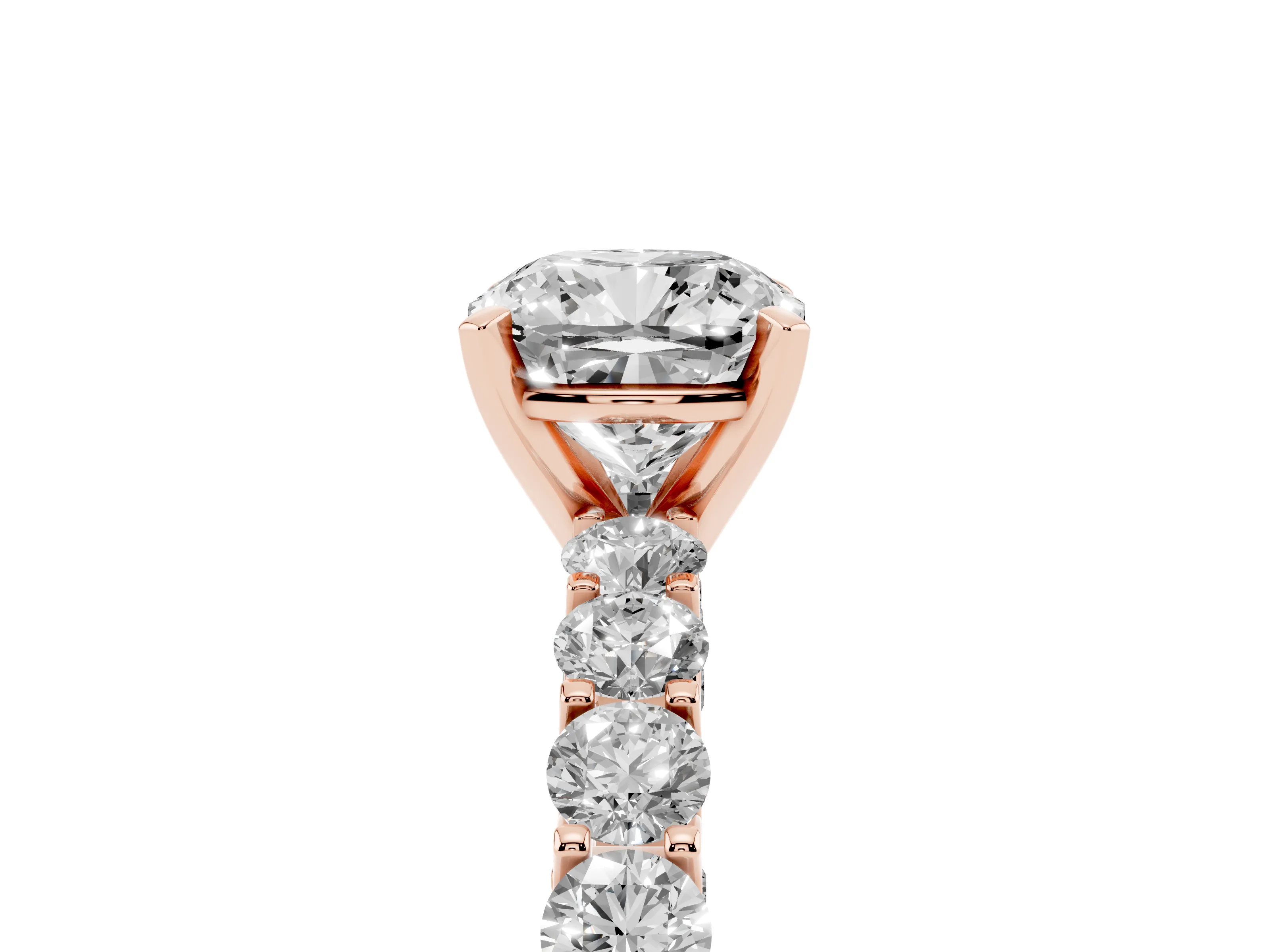 Cushion Cut Diamond Solitaire Ring Set in Rose gold with Shared Prong Pavé Band