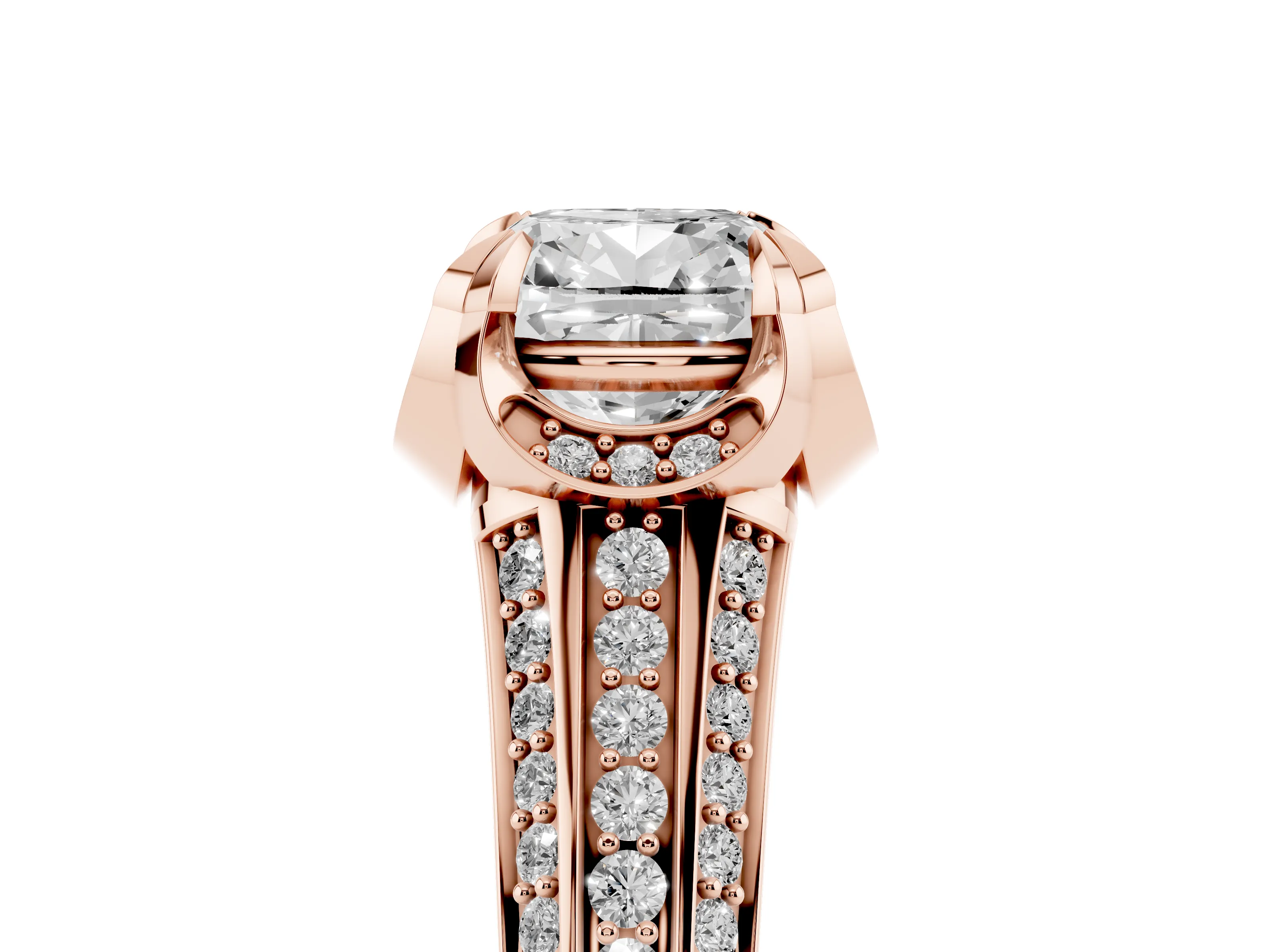 Cushion Cut Diamond Pavé Split Shank Solitaire Ring Set in Rose gold with Prong Setting