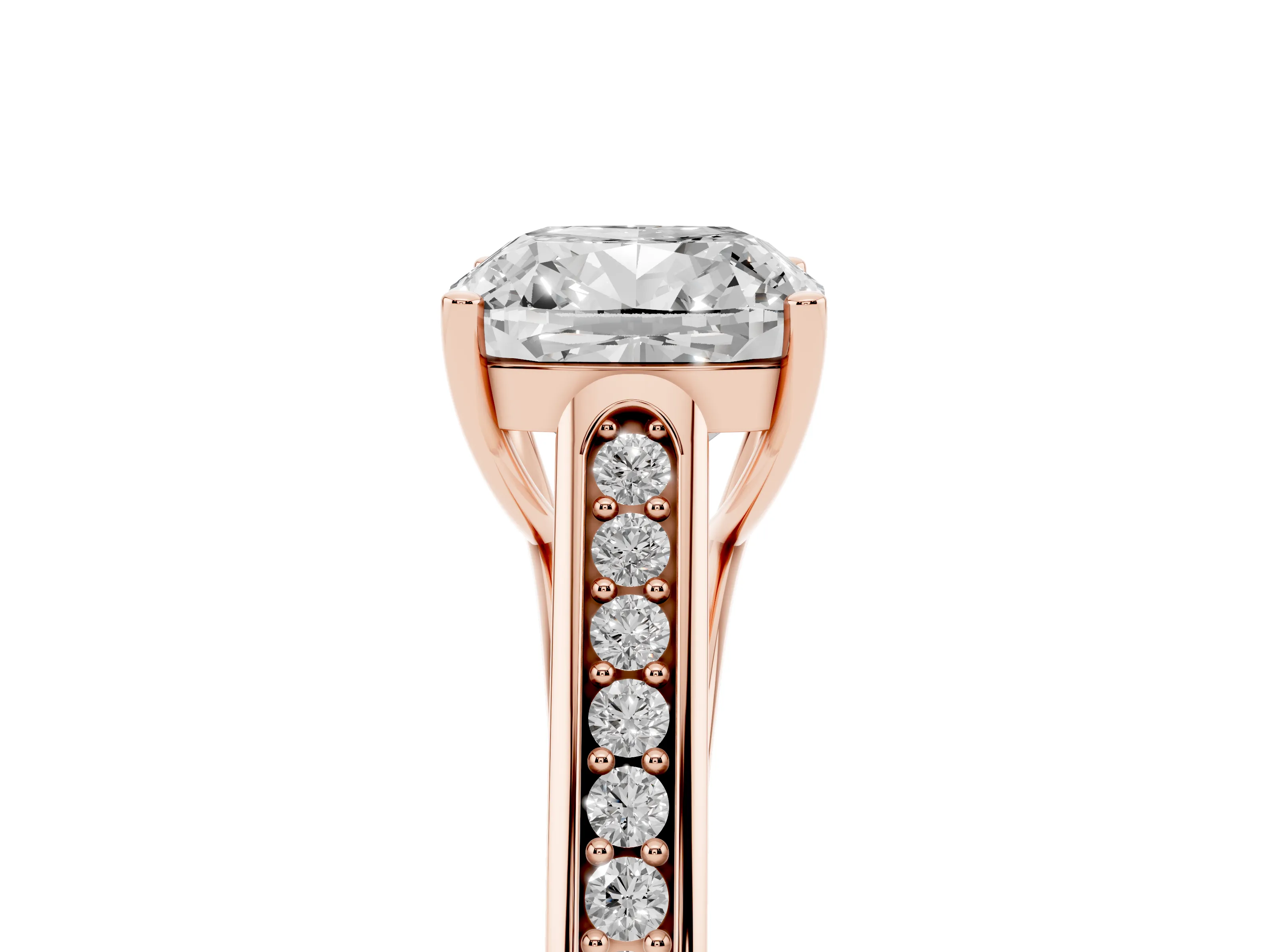 Cushion Cut Diamond Solitaire Cathedral Engagement Ring Set in Rose gold with Channel-Set Band and Prong Setting