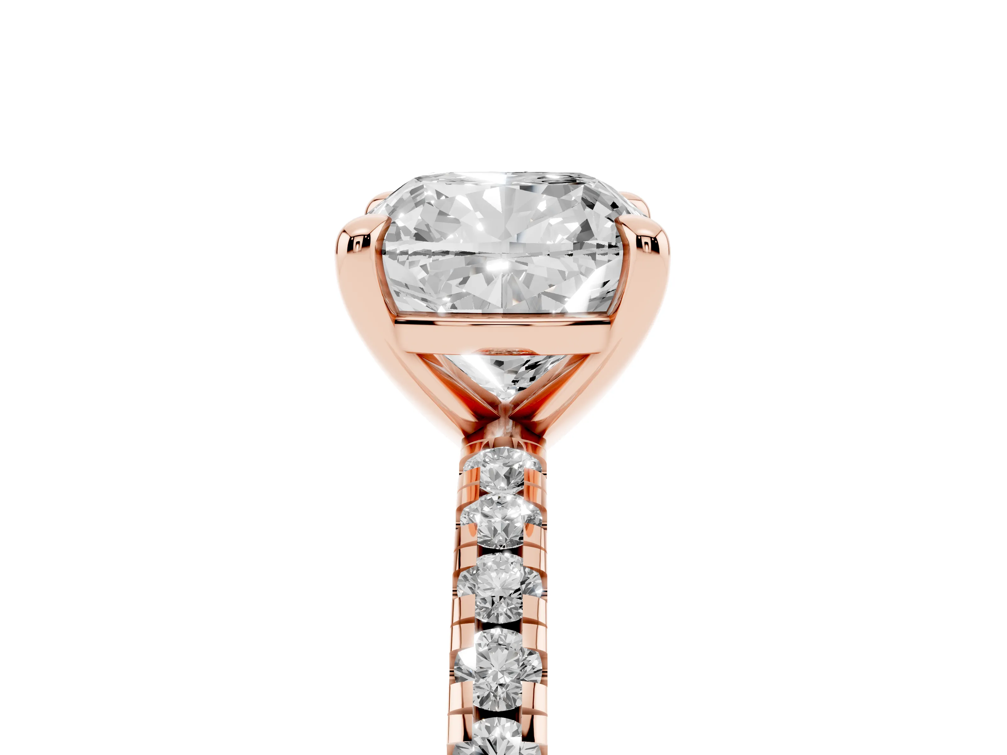 Cushion Cut Diamond Brilliant Solitaire Ring Set in Rose gold with Pavé Band and Prong Setting