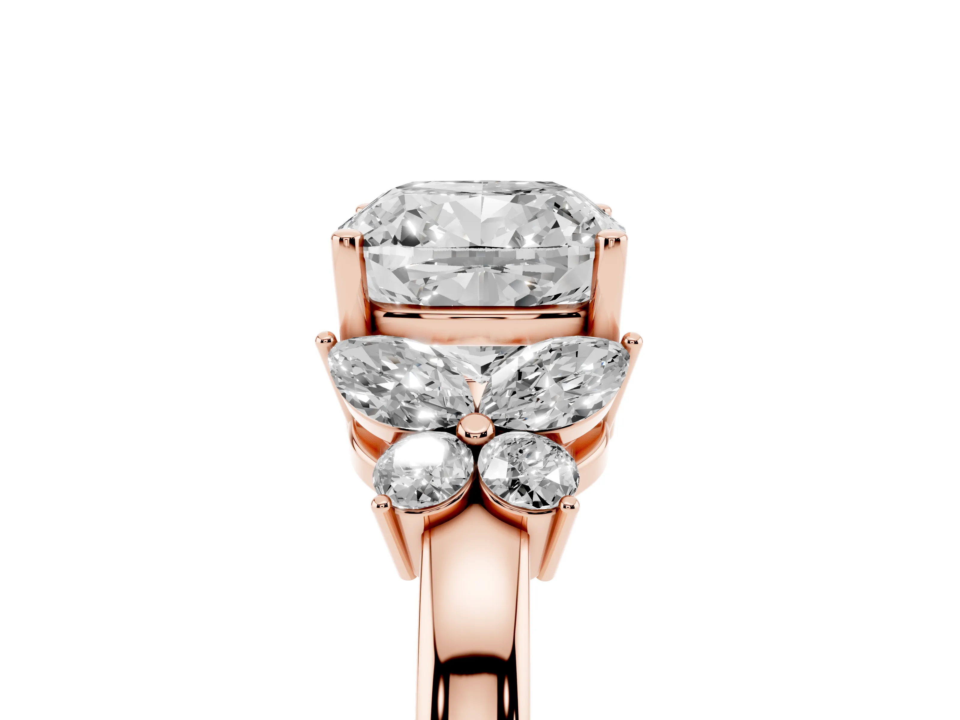 Cushion Cut Diamond Solitaire Floral Ring Set in Rose gold with Marquise Petals and Prong Setting