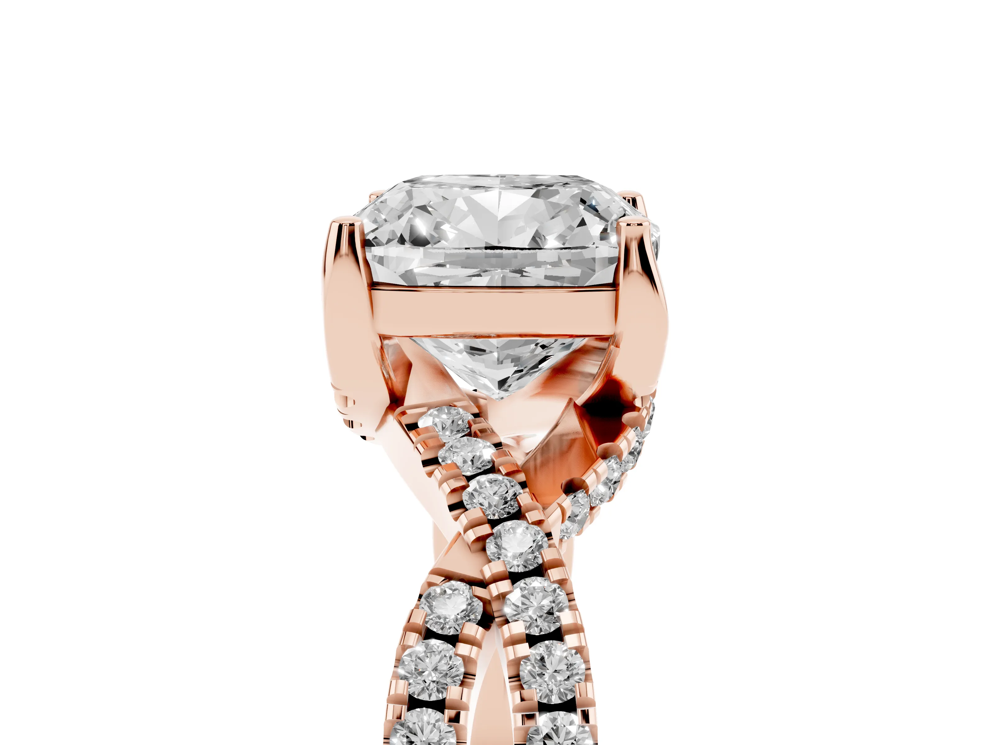 Cushion Cut Diamond Twist Pavé Solitaire Engagement Ring Set in Rose gold with Prong Setting