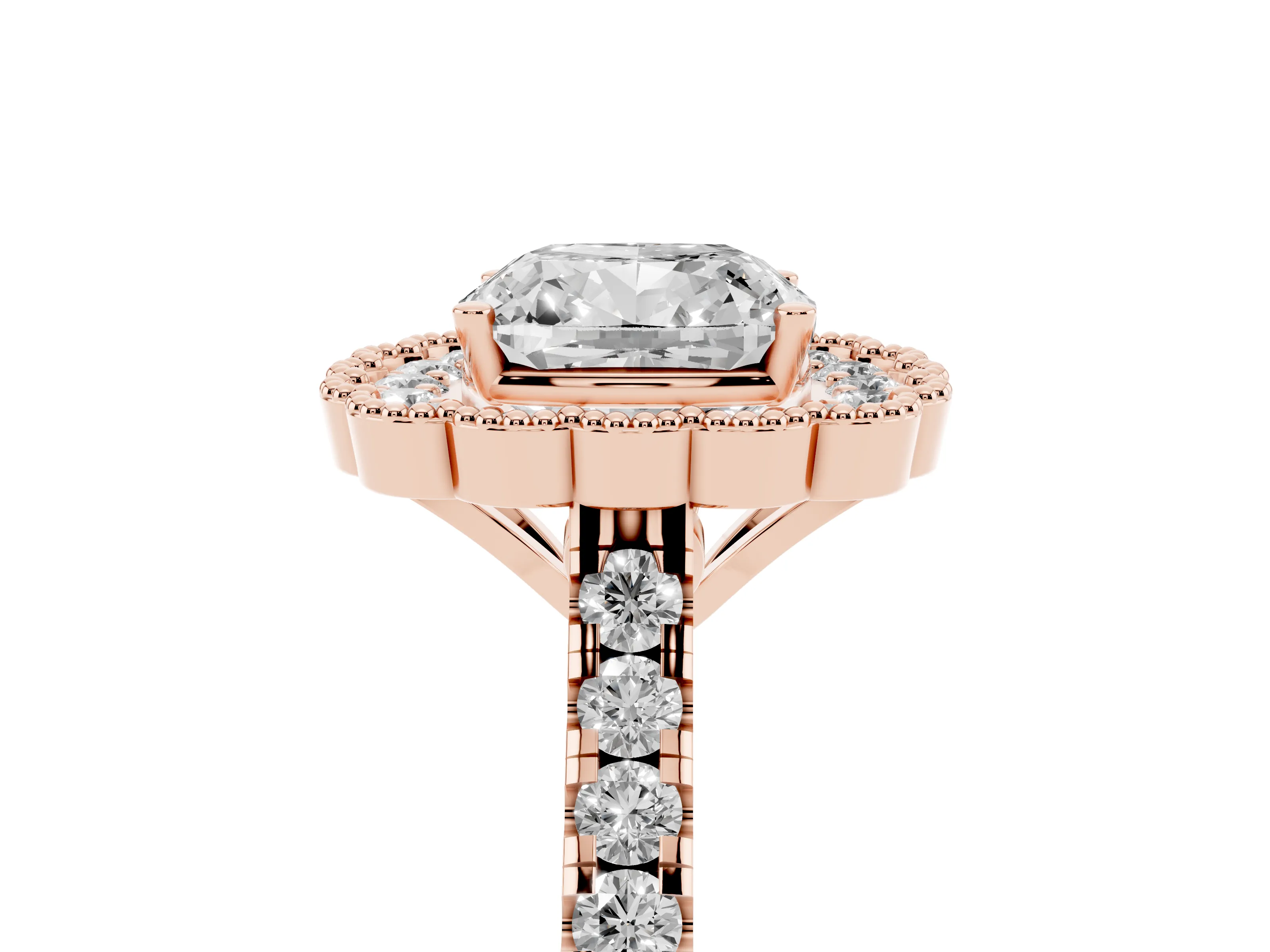 Cushion Cut Diamond Milgrain Floral Halo Engagement Ring Set in Rose gold with Pavé Band